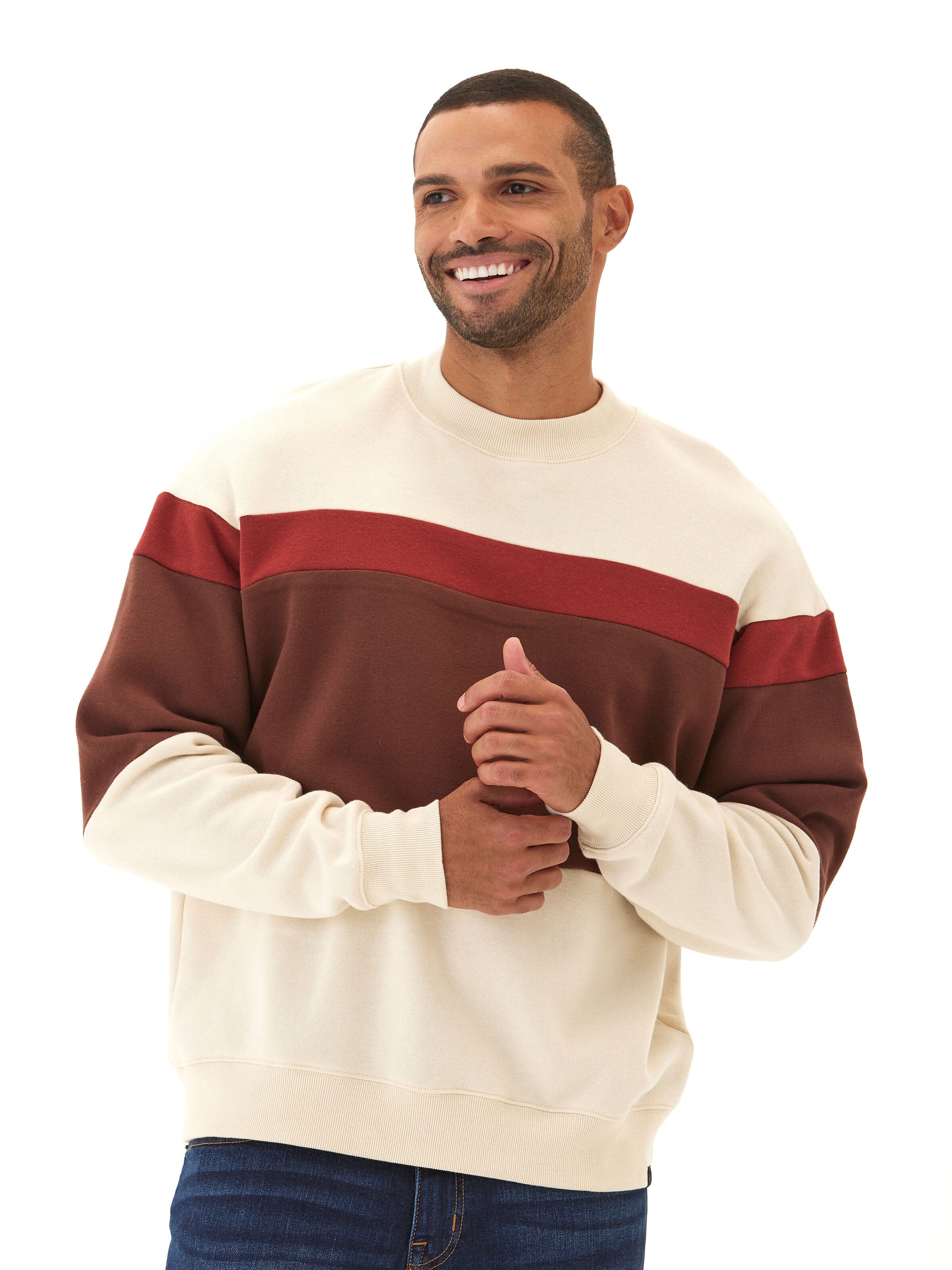 Front view of an oversized Rudy CVC Fleece Colorblock Pullover with a crewneck design.