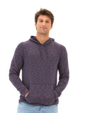 Close up of purple and white striped terry knit pullover hoodie