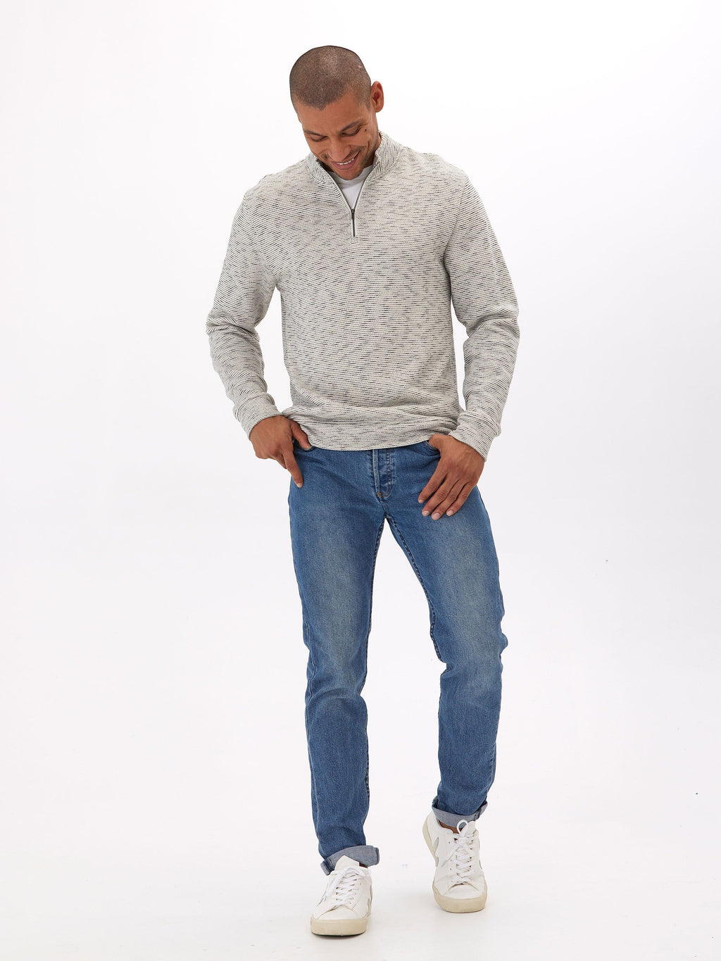 Felix Stripe Terry 1/4 Zip Pullover - Textured Long Sleeve Top
