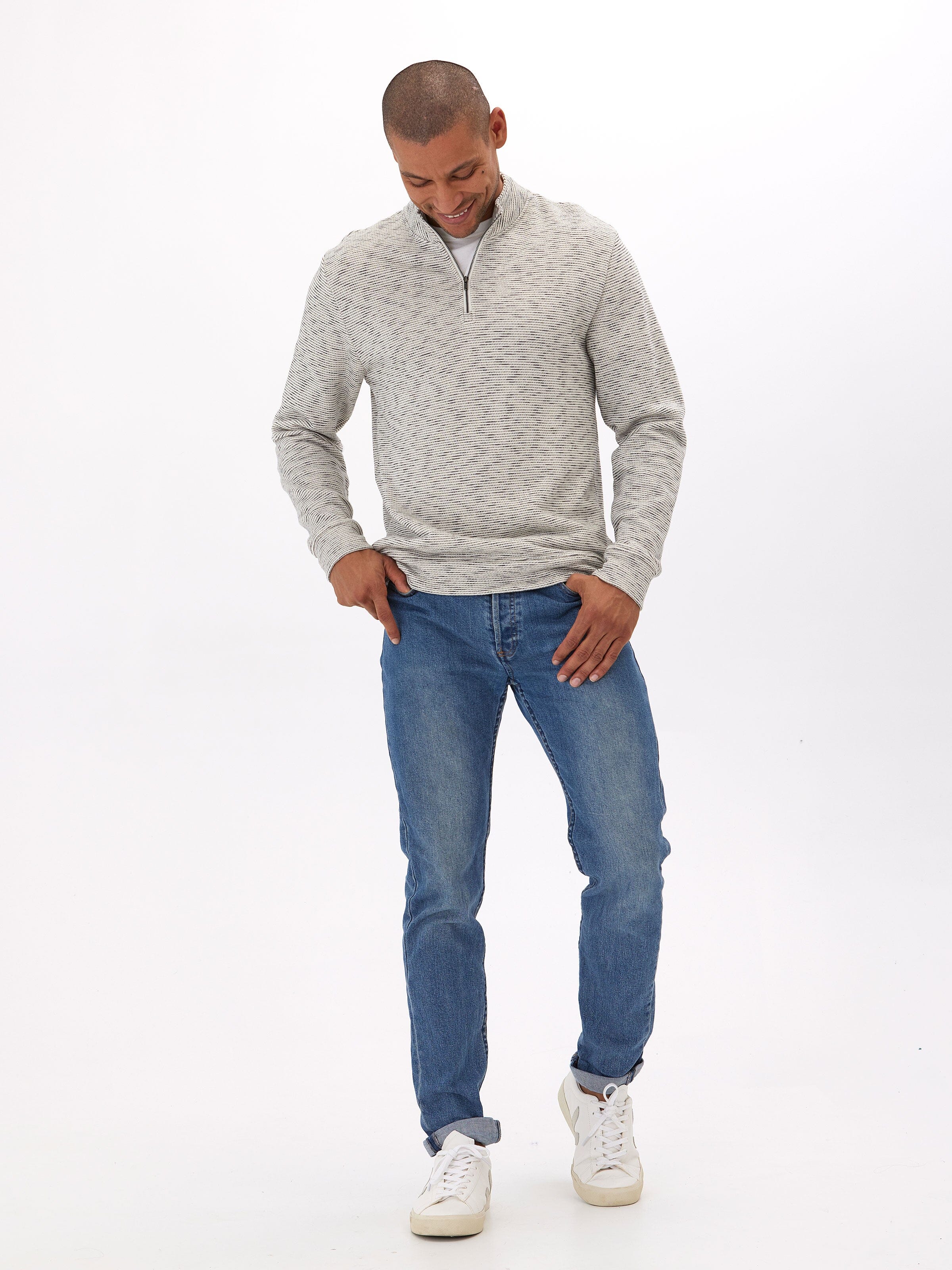 Felix Stripe Terry 1/4 Zip Pullover - Textured Long Sleeve Top