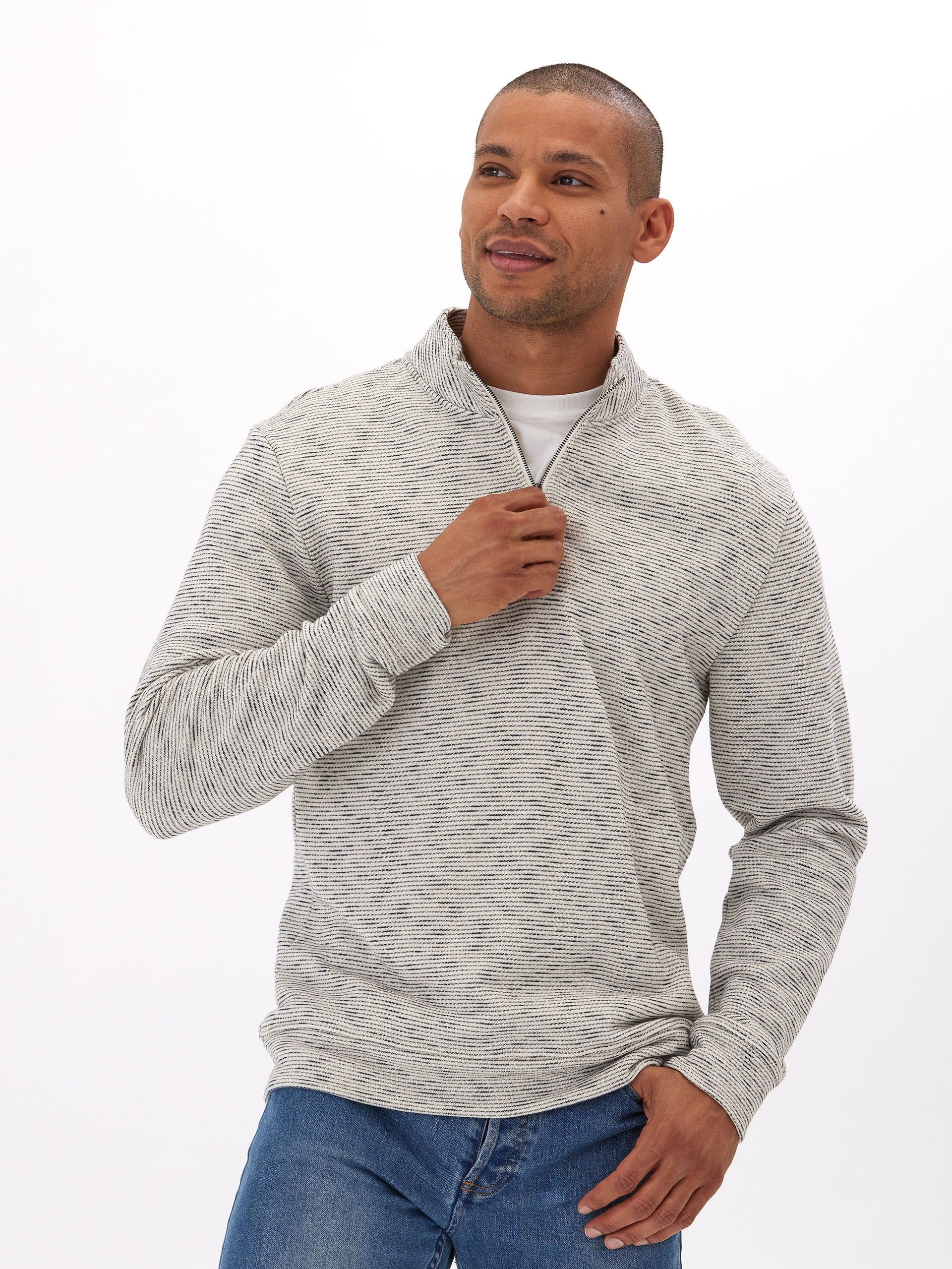 Felix Stripe Terry 1/4 Zip Pullover in a textured striped pattern with a quarter-zip neckline.
