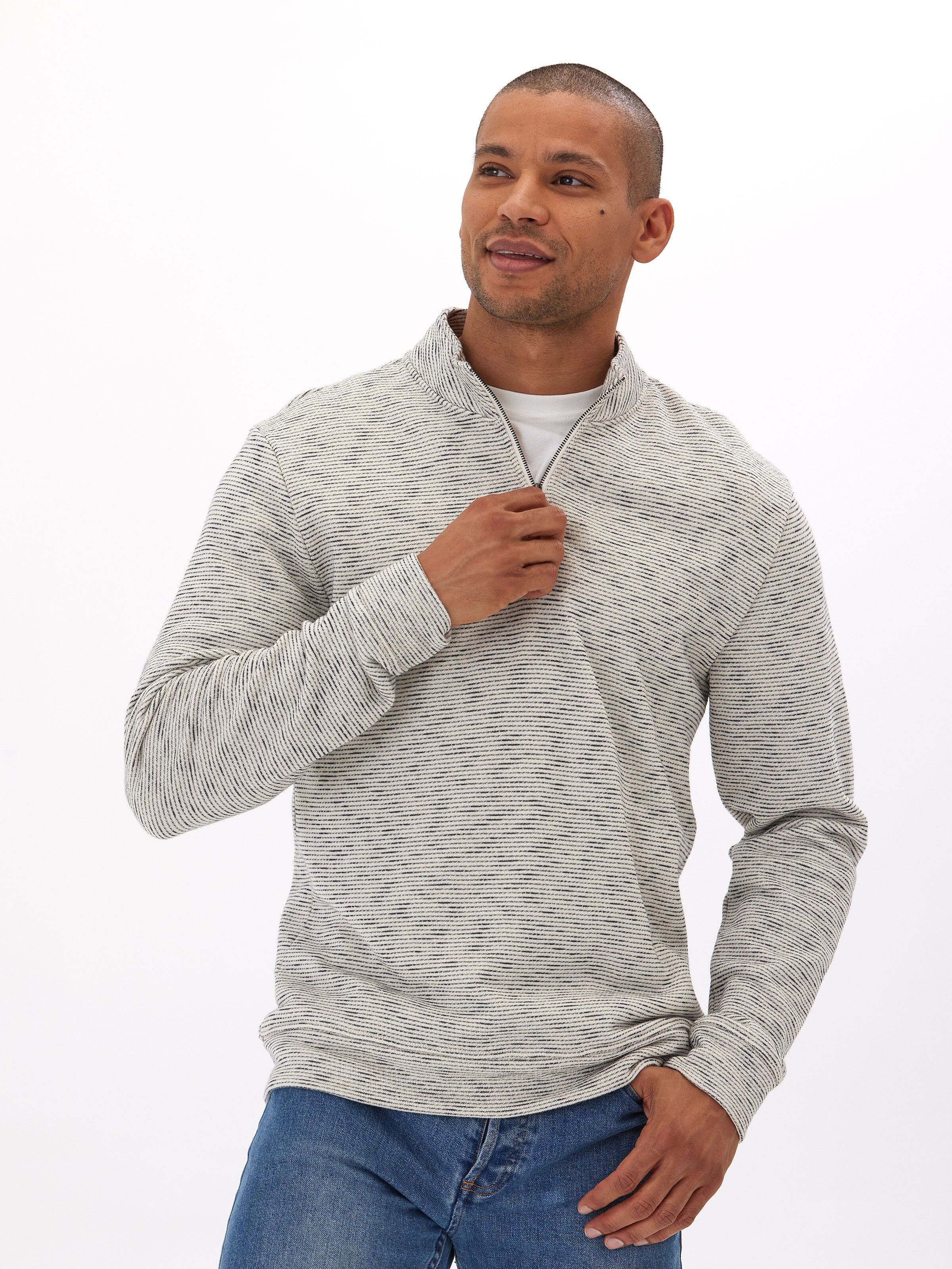 Felix Stripe Terry 1/4 Zip Pullover in a textured striped pattern with a quarter-zip neckline.