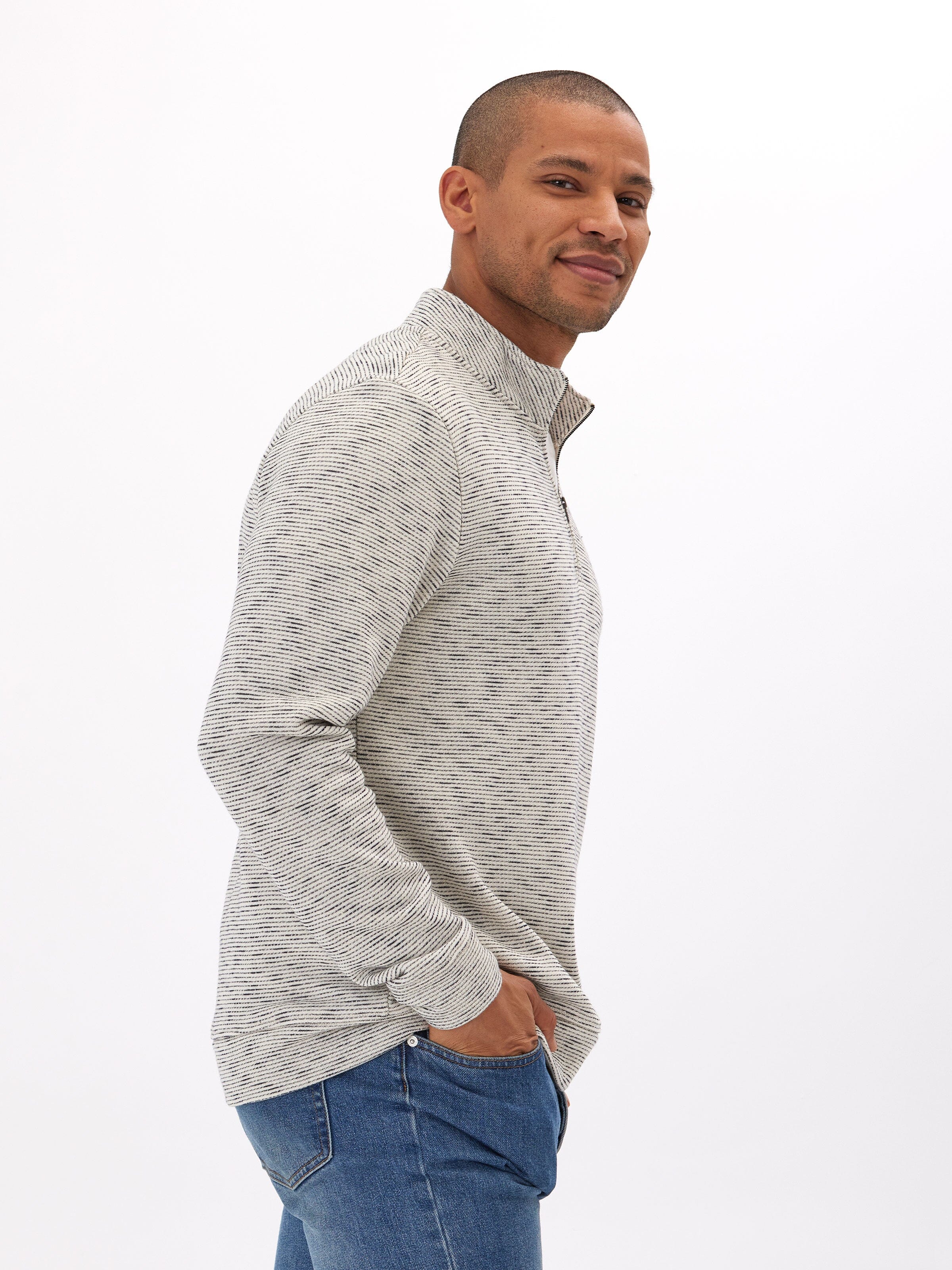 Felix Stripe Terry 1/4 Zip Pullover - Textured Long Sleeve Top