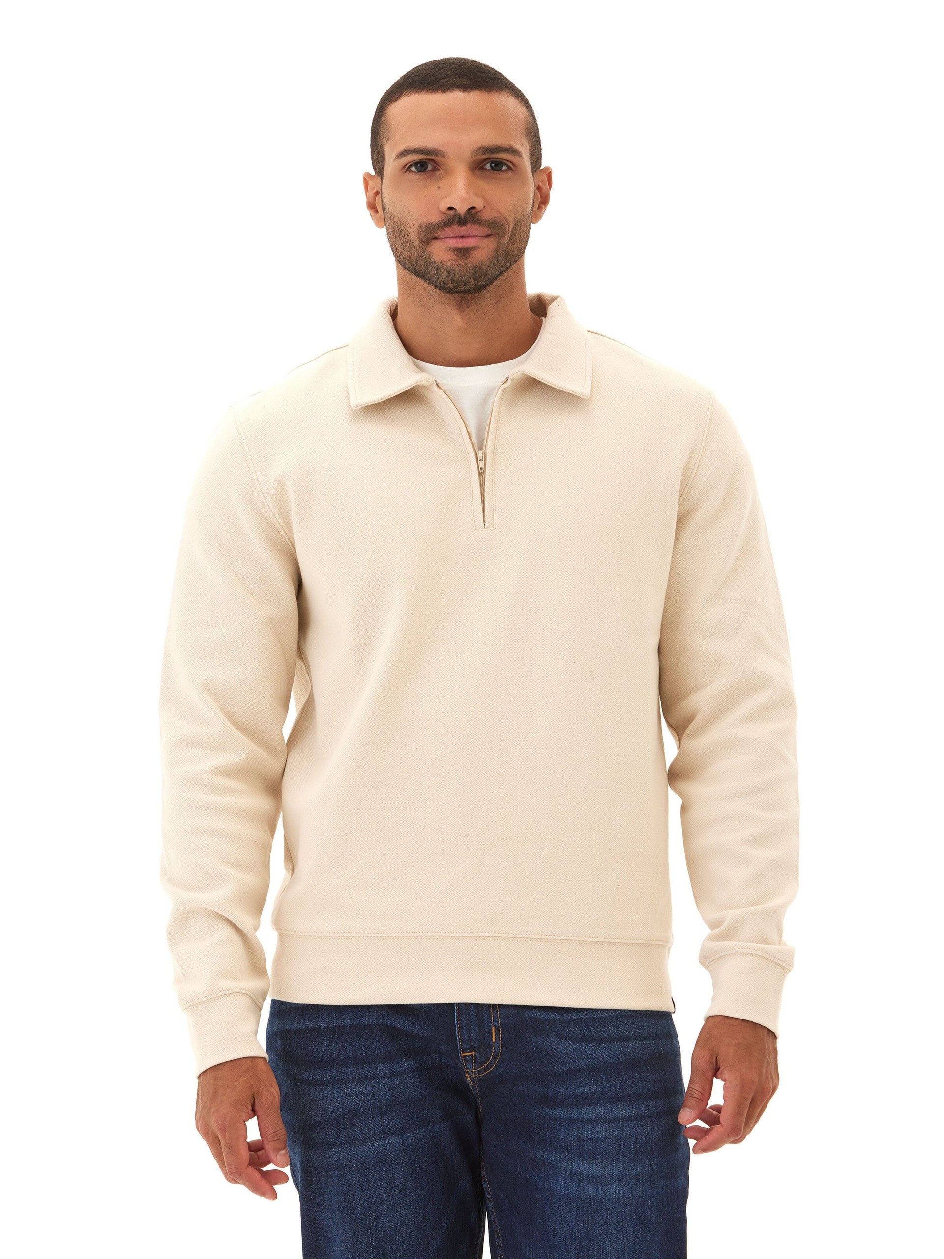 Textured 100% organic cotton Briggs 1/4 Zip Pullover with jacquard detail.