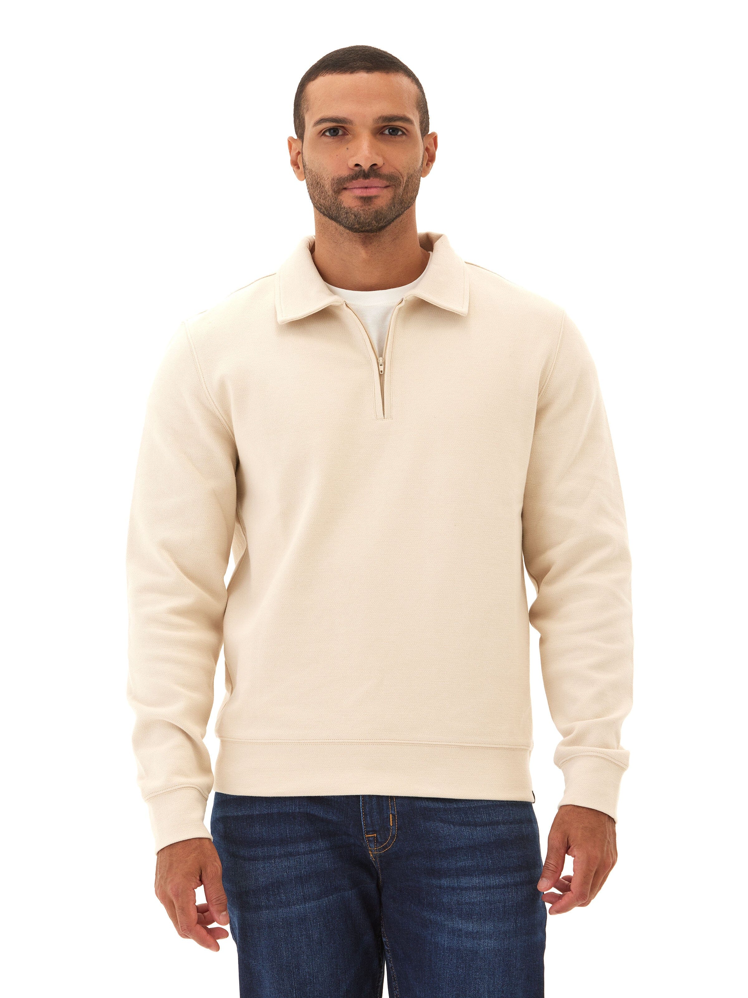Textured 100% organic cotton Briggs 1/4 Zip Pullover with jacquard detail.
