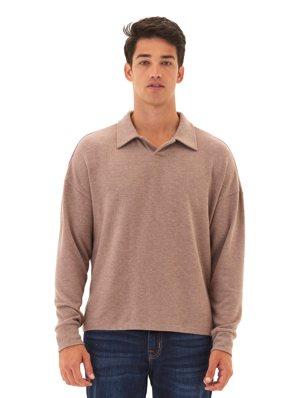 Close up of the Guillermo Sweater Knit Pullover Polo showing the soft knit texture and collar detail.