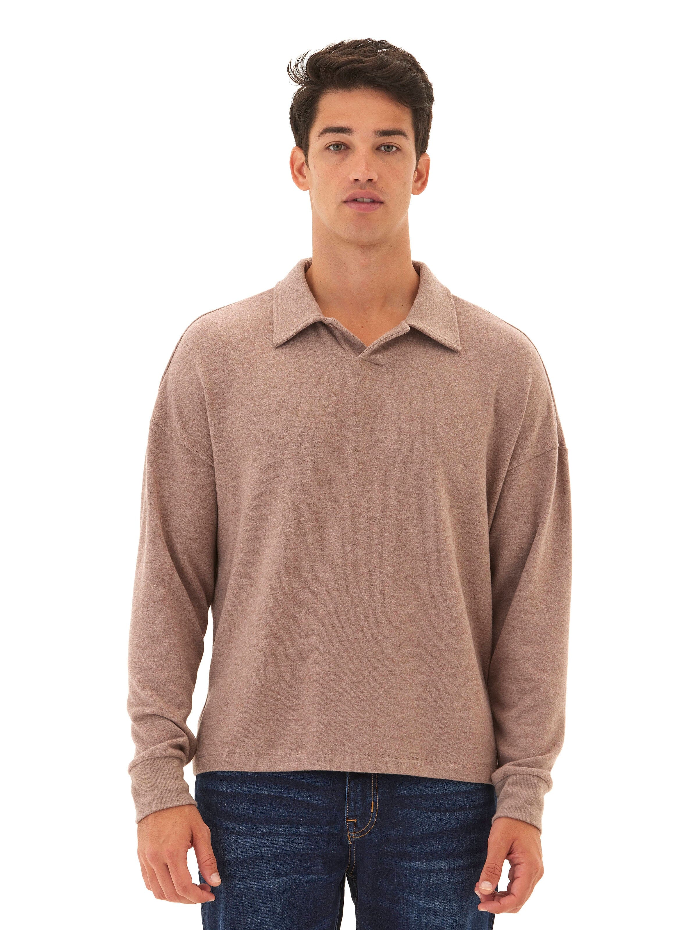 Close up of the Guillermo Sweater Knit Pullover Polo showing the soft knit texture and collar detail.
