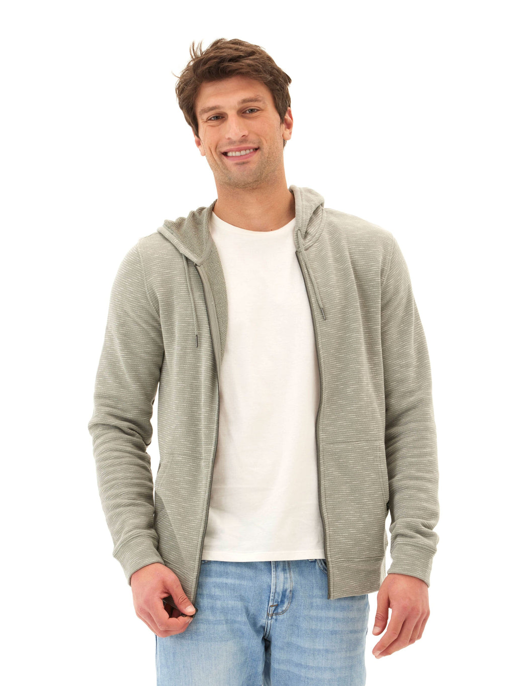 Men's full zip hoodie in olive-green and white stripes made from soft terry knit.