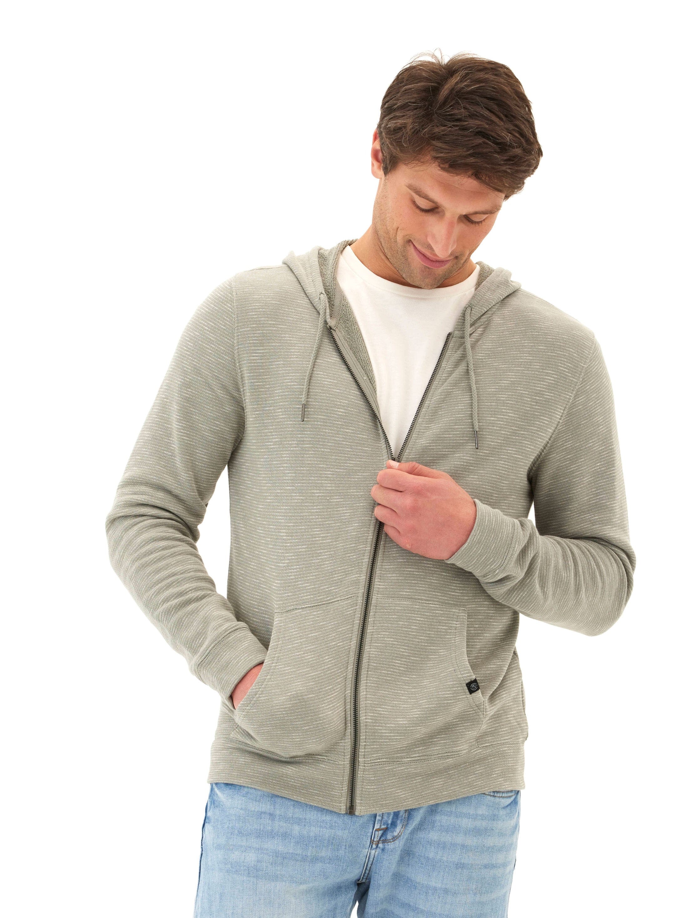 Jordyn Stripe Terry Full Zip Hoodie in Olive-Green and White