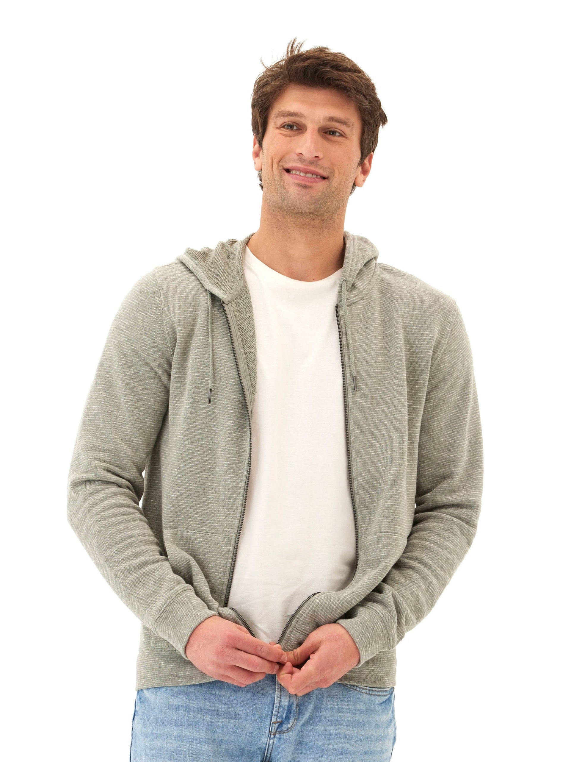 Jordyn Stripe Terry Full Zip Hoodie in Olive-Green and White