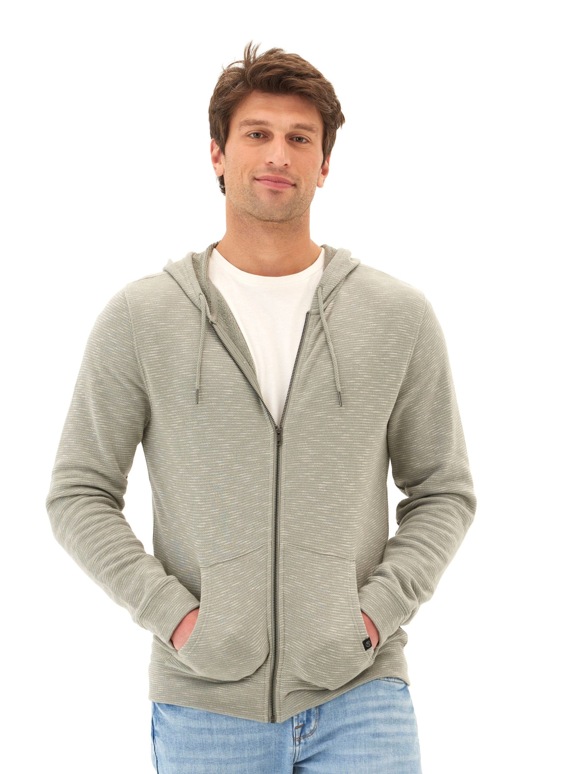 Jordyn Stripe Terry Full Zip Hoodie in Olive-Green and White