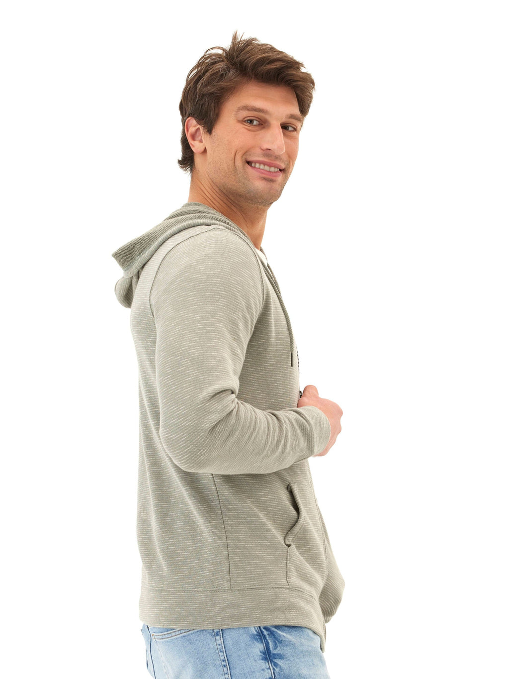Jordyn Stripe Terry Full Zip Hoodie in Olive-Green and White