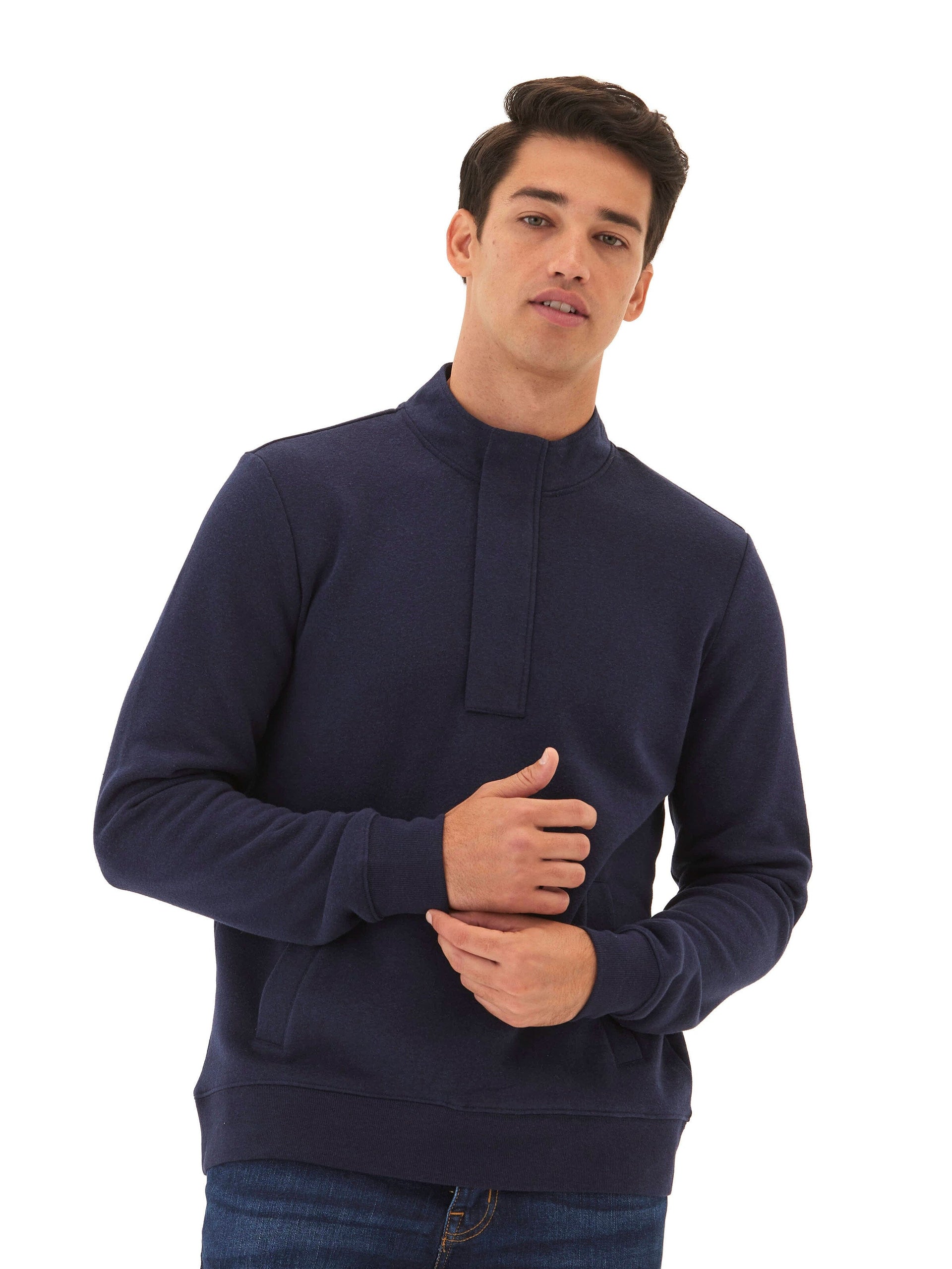 Men wearing a navy heather Kason 1/4 zip knit fleece pullover with a collar and zip closure