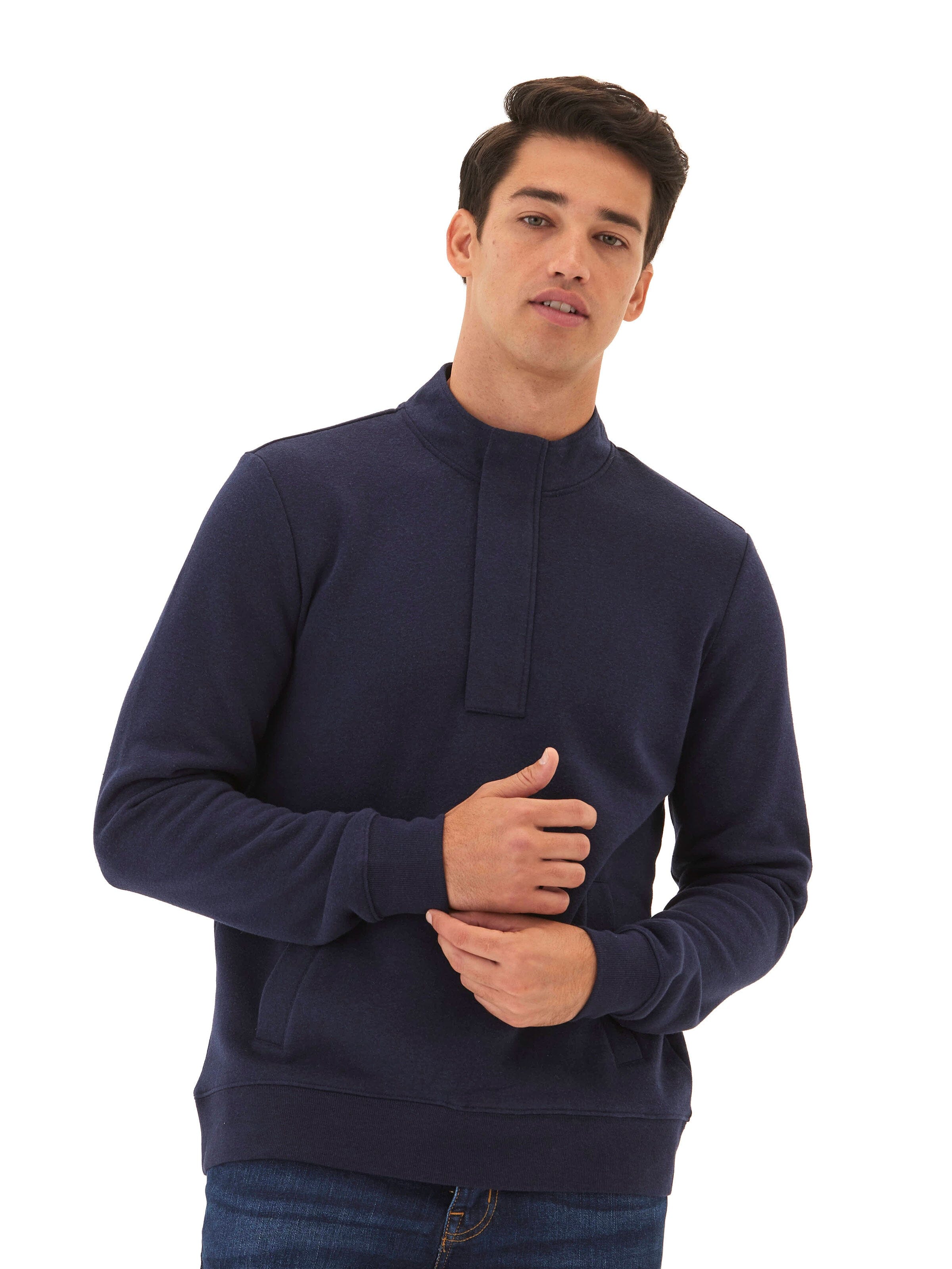 Men wearing a navy heather Kason 1/4 zip knit fleece pullover with a collar and zip closure