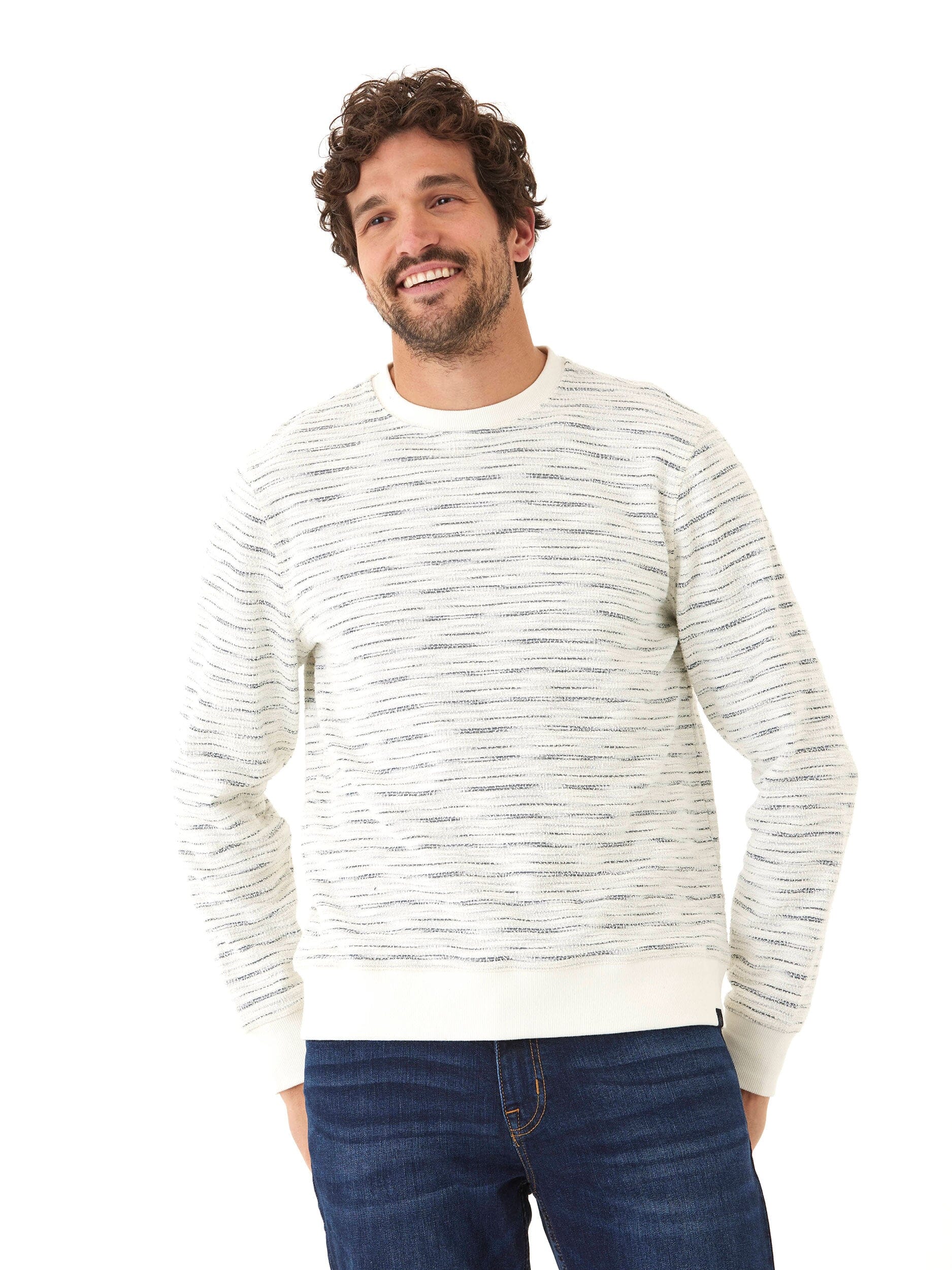 Men's Jovan Shoreline Terry Crew Pullover with subtle stripes and ribbed cuff detailing.