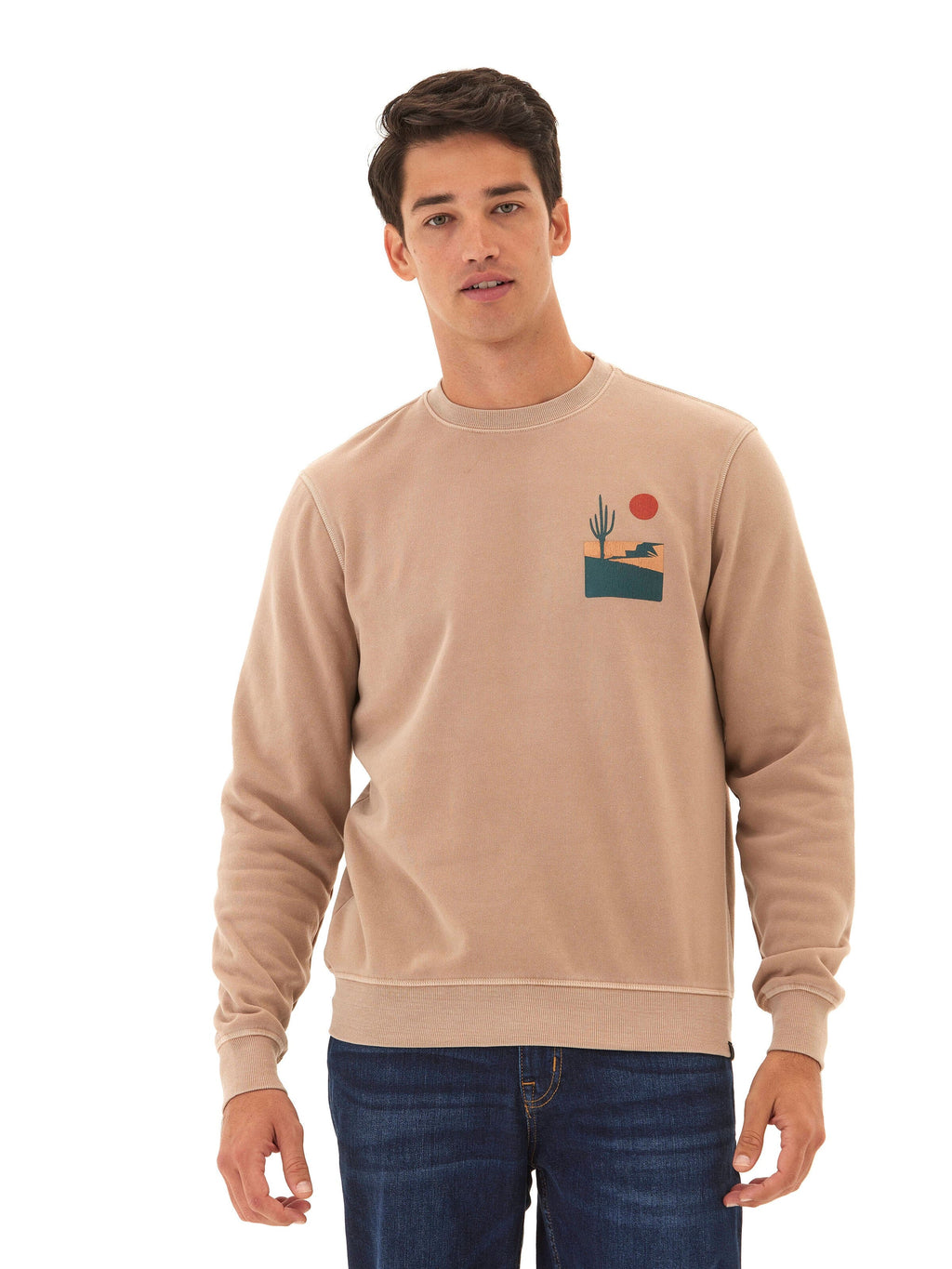 Close-up of a mineral wash graphic fleece crew sweatshirt featuring a unique textured finish
