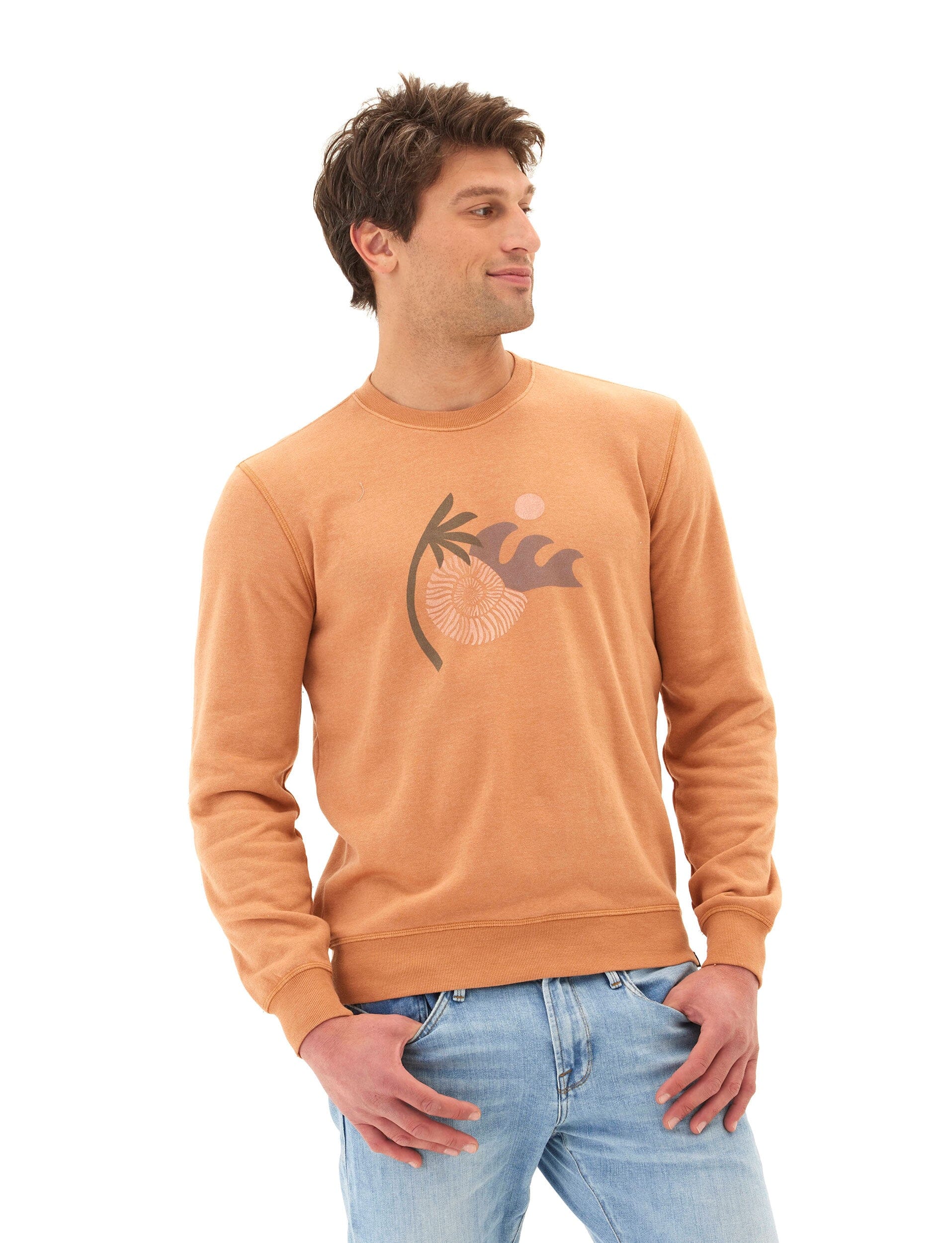 Close-up of the mineral wash texture on a comfortable graphic fleece crew neck pullover