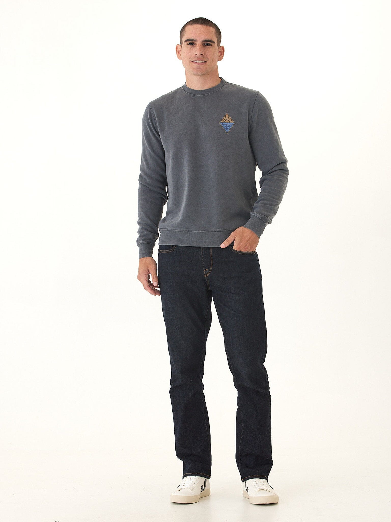 Mineral Wash Graphic Fleece Crew in Charcoal or Blue