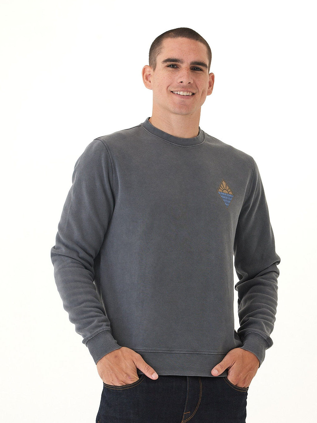 Mineral Wash Graphic Fleece Crew in Charcoal or Blue