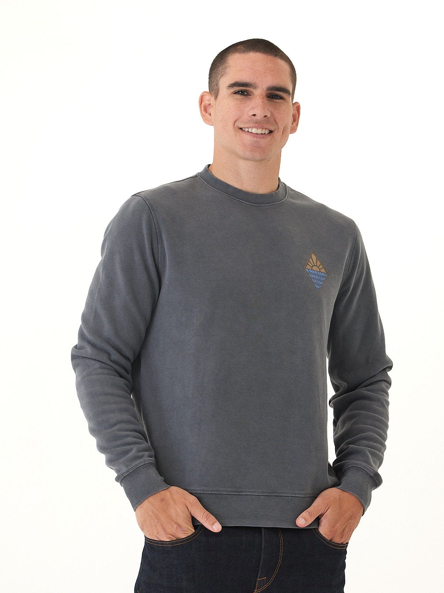 Mineral Wash Graphic Fleece Crew in Charcoal or Blue