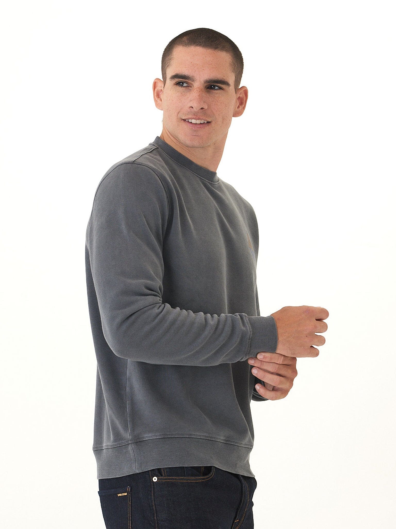Mineral Wash Graphic Fleece Crew in Charcoal or Blue