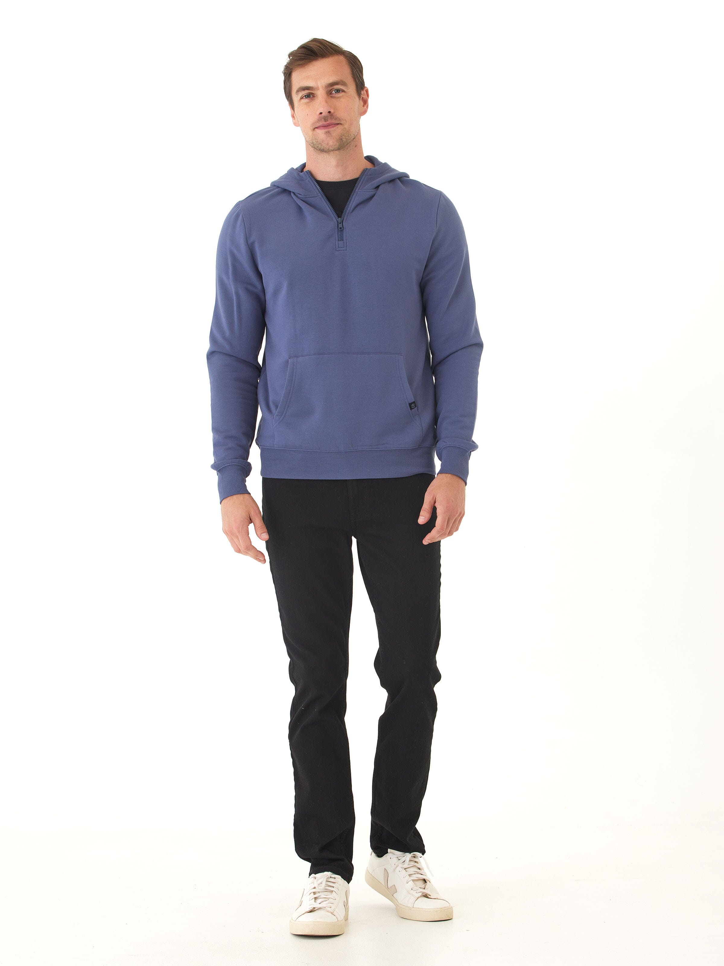 Colton Modal Fleece Half Zip Hoodie in Blue - styling view