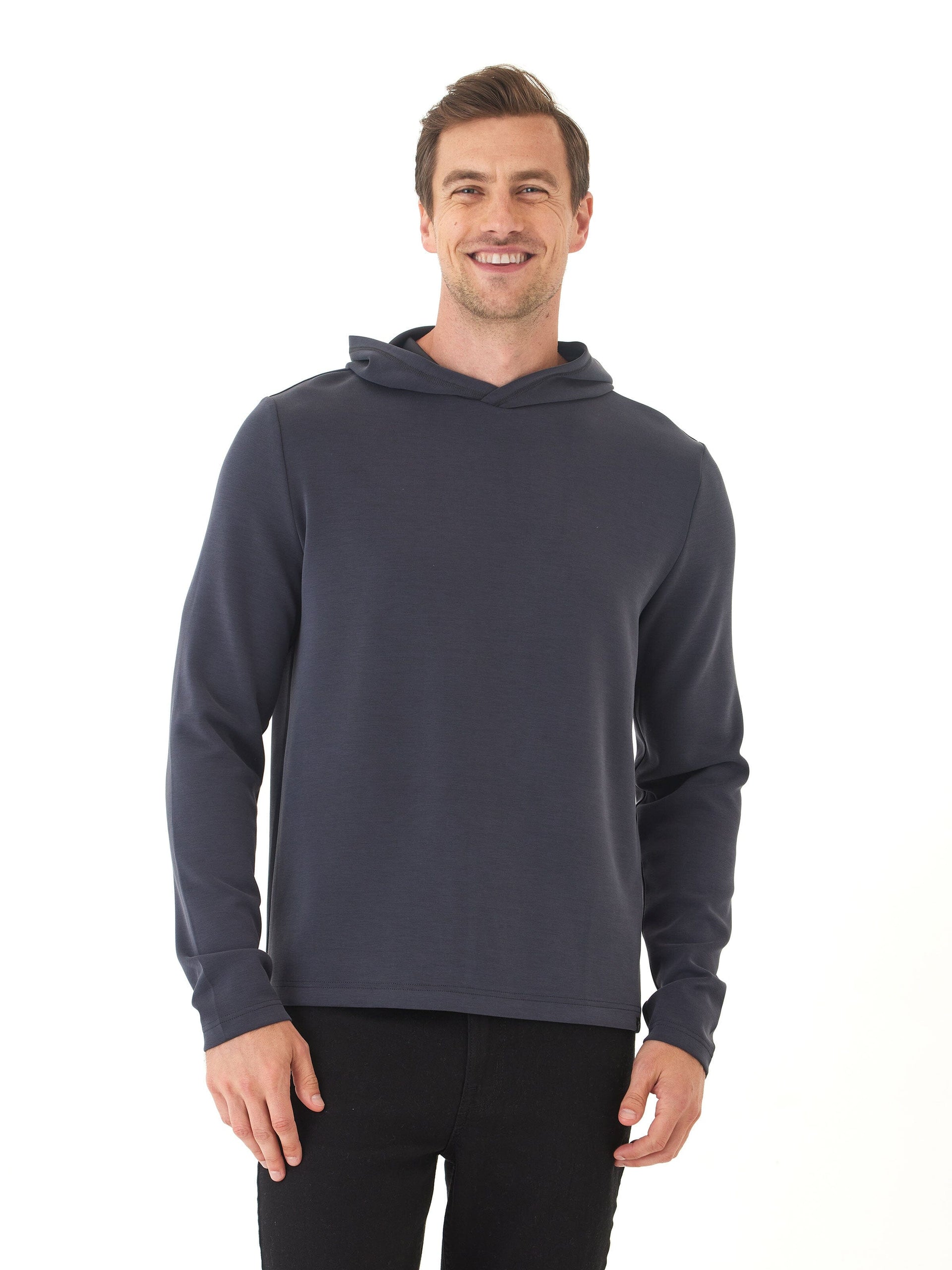 Men's minimalist pullover hoodie in charcoal and navy sueded modal fabric