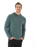 Men's minimalist pullover hoodie in teal and green sueded modal fabric