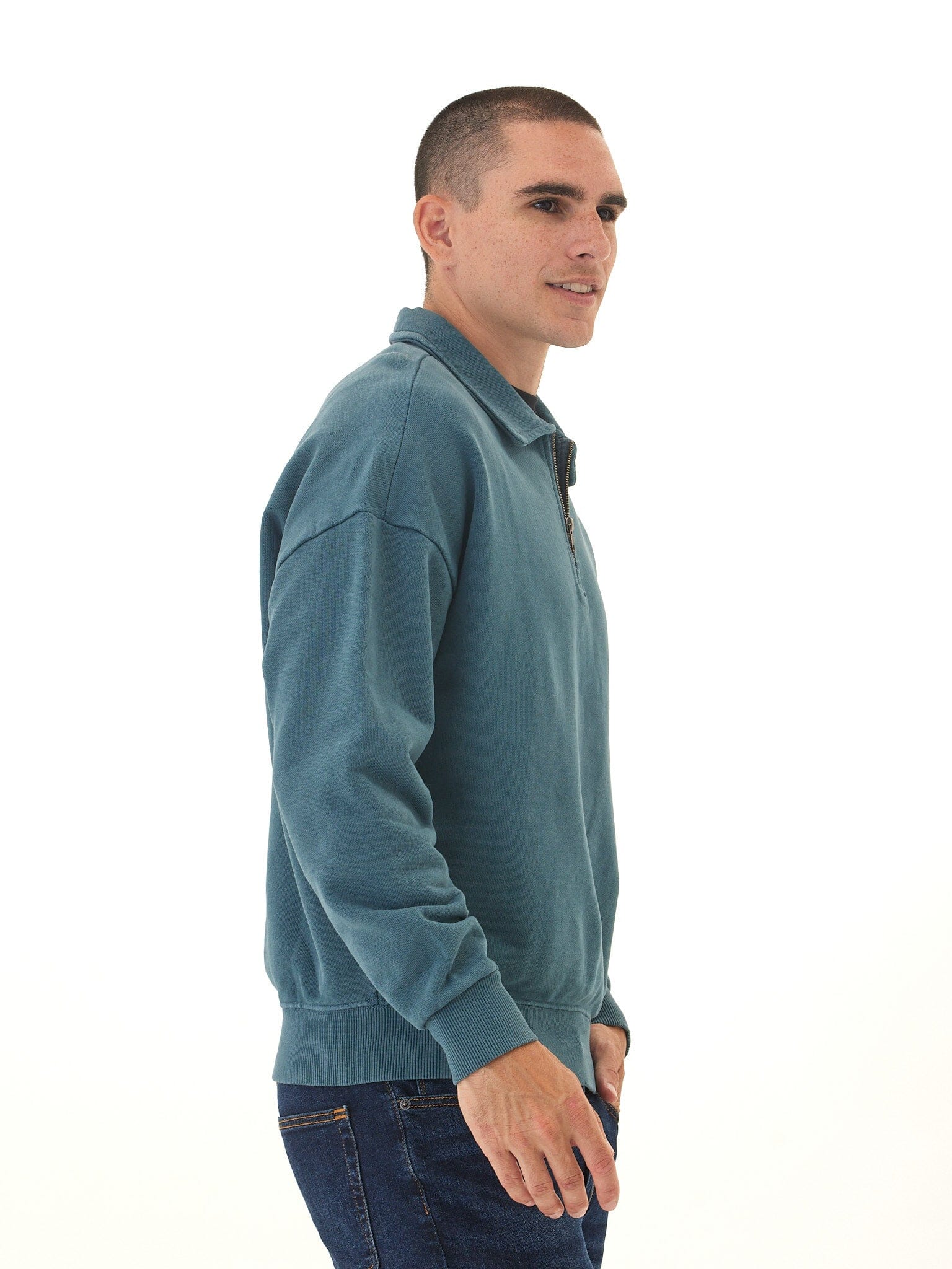 Gabe Mineral Wash Heavy Terry Quarter Zip Pullover in Teal