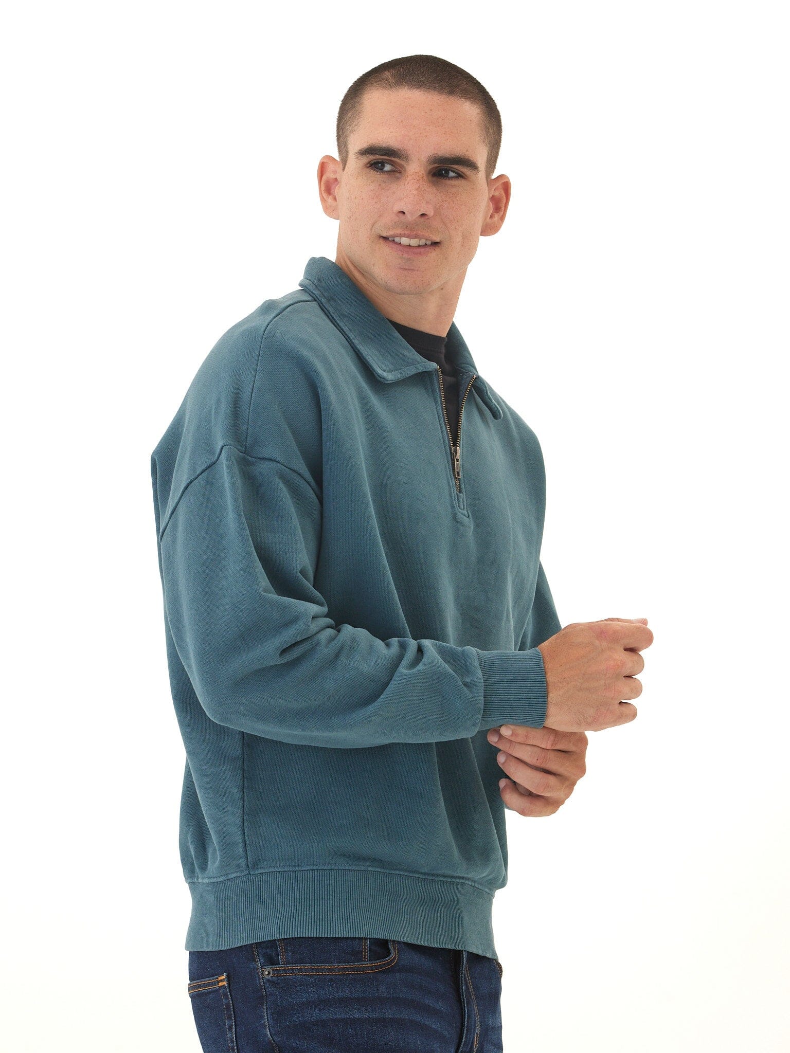 Gabe Mineral Wash Heavy Terry Quarter Zip Pullover in Teal