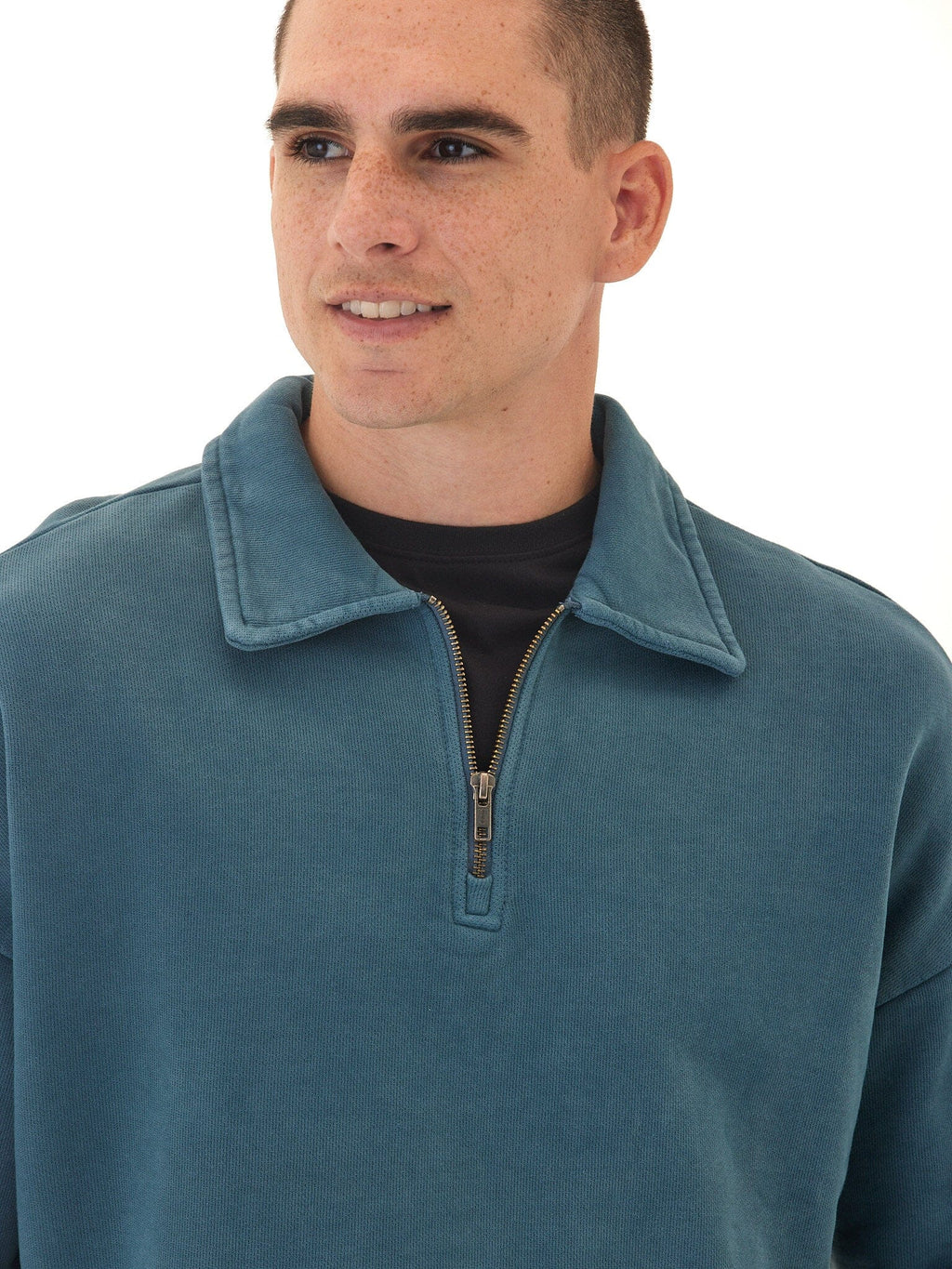 Gabe Mineral Wash Heavy Terry Quarter Zip Pullover in Teal