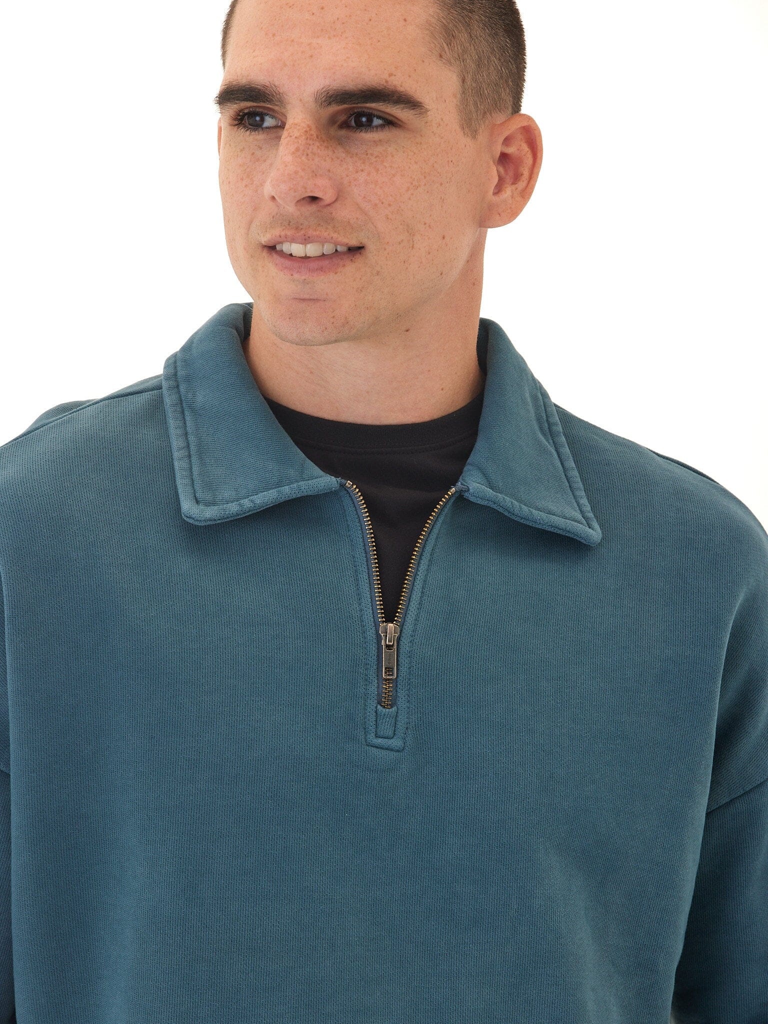 Gabe Mineral Wash Heavy Terry Quarter Zip Pullover in Teal