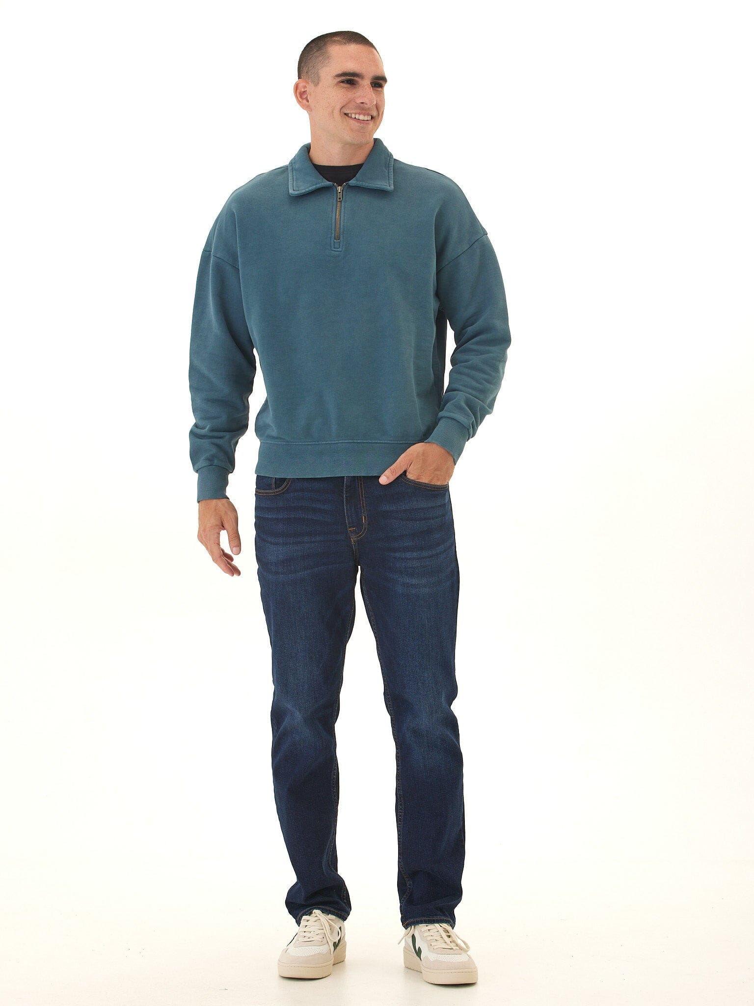 Gabe Mineral Wash Heavy Terry Quarter Zip Pullover in Teal