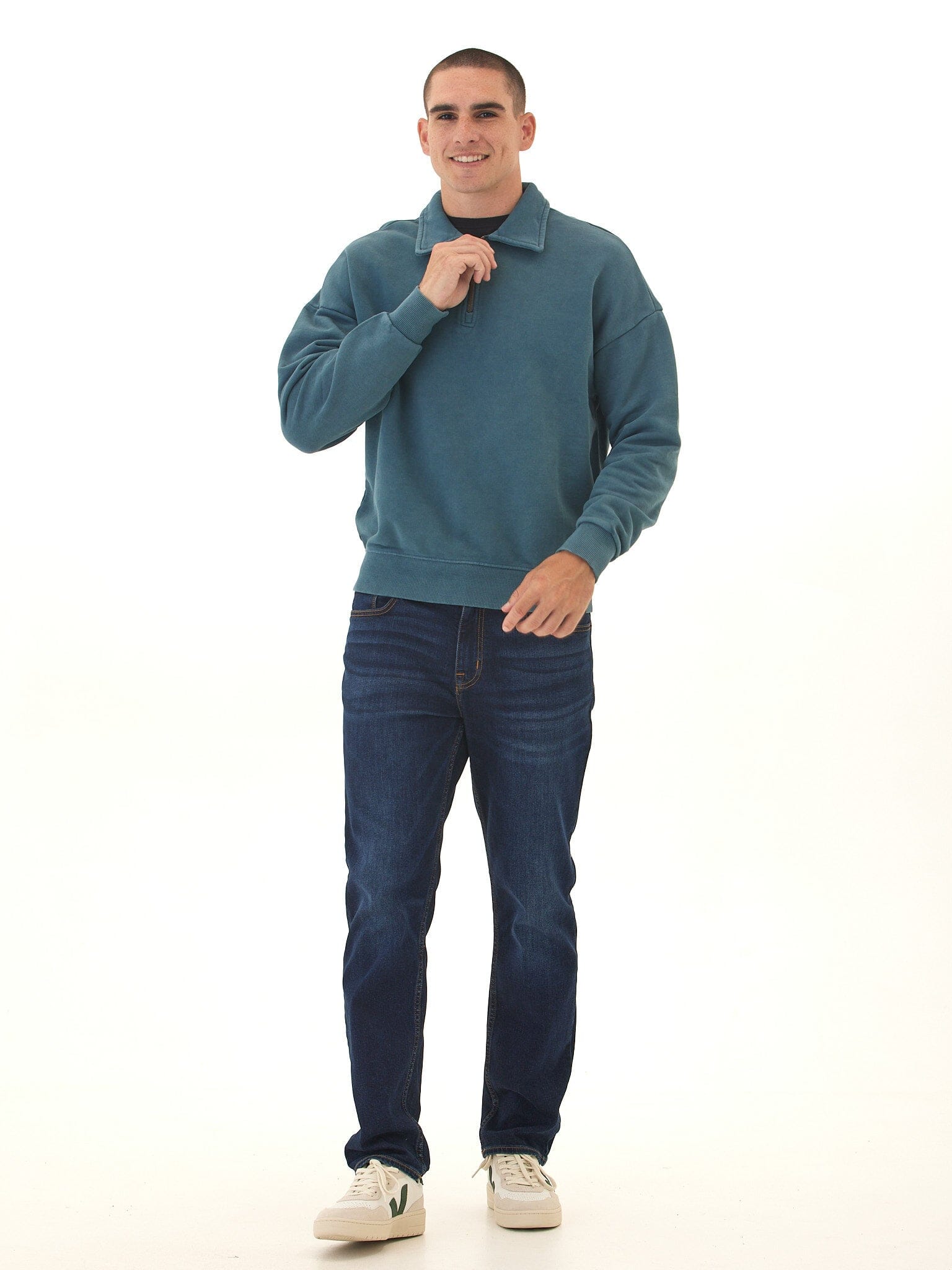 Gabe Mineral Wash Heavy Terry Quarter Zip Pullover in Teal