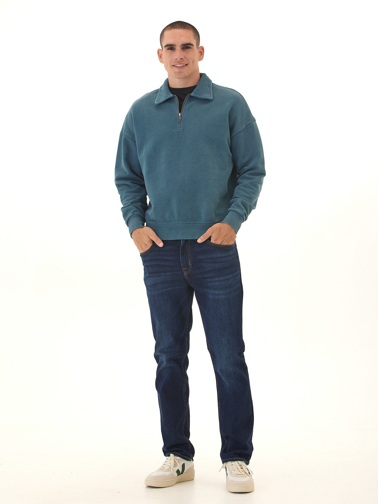 Gabe Mineral Wash Heavy Terry Quarter Zip Pullover in Teal