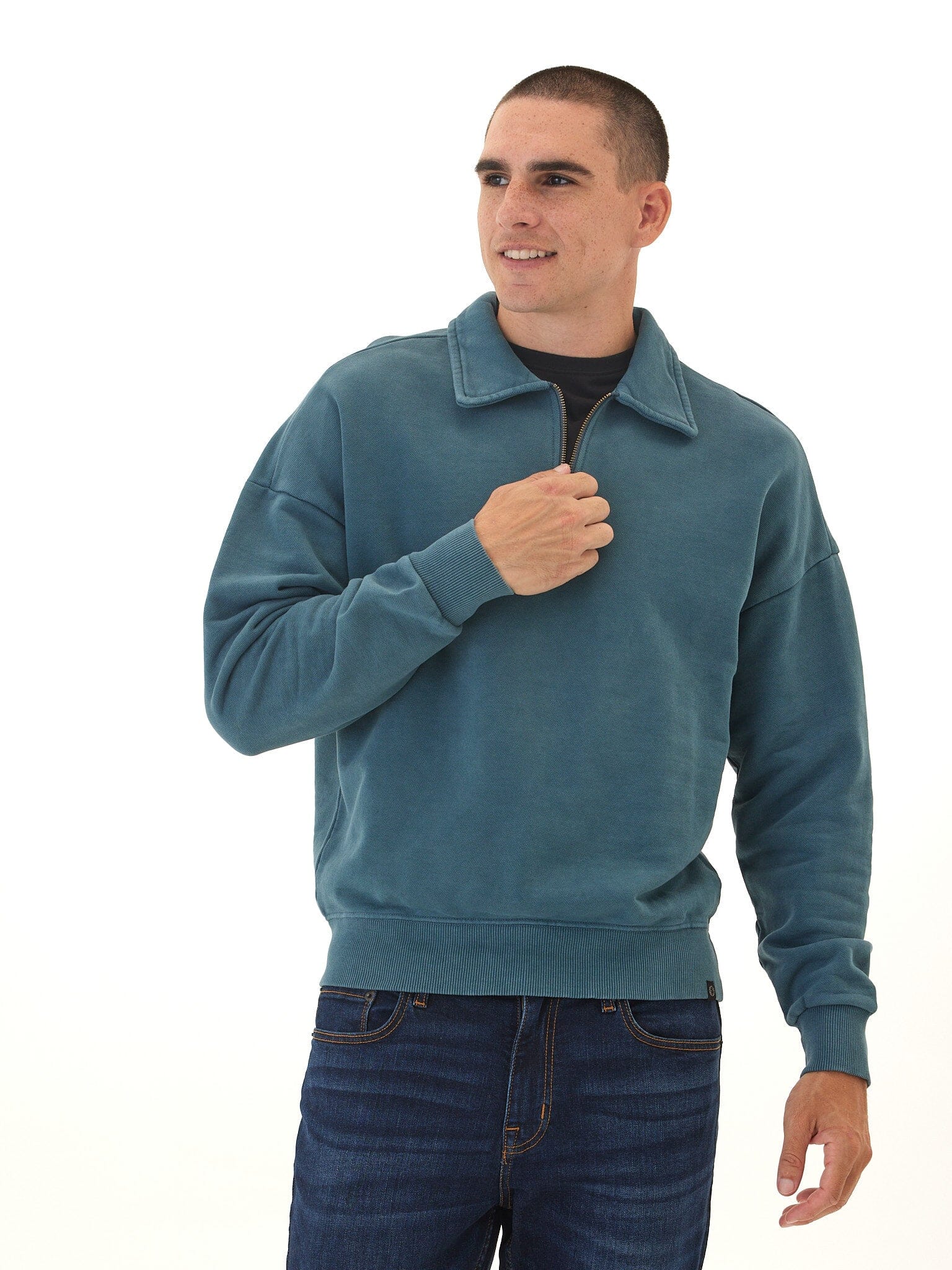 Gabe Mineral Wash Heavy Terry Quarter Zip Pullover in Teal