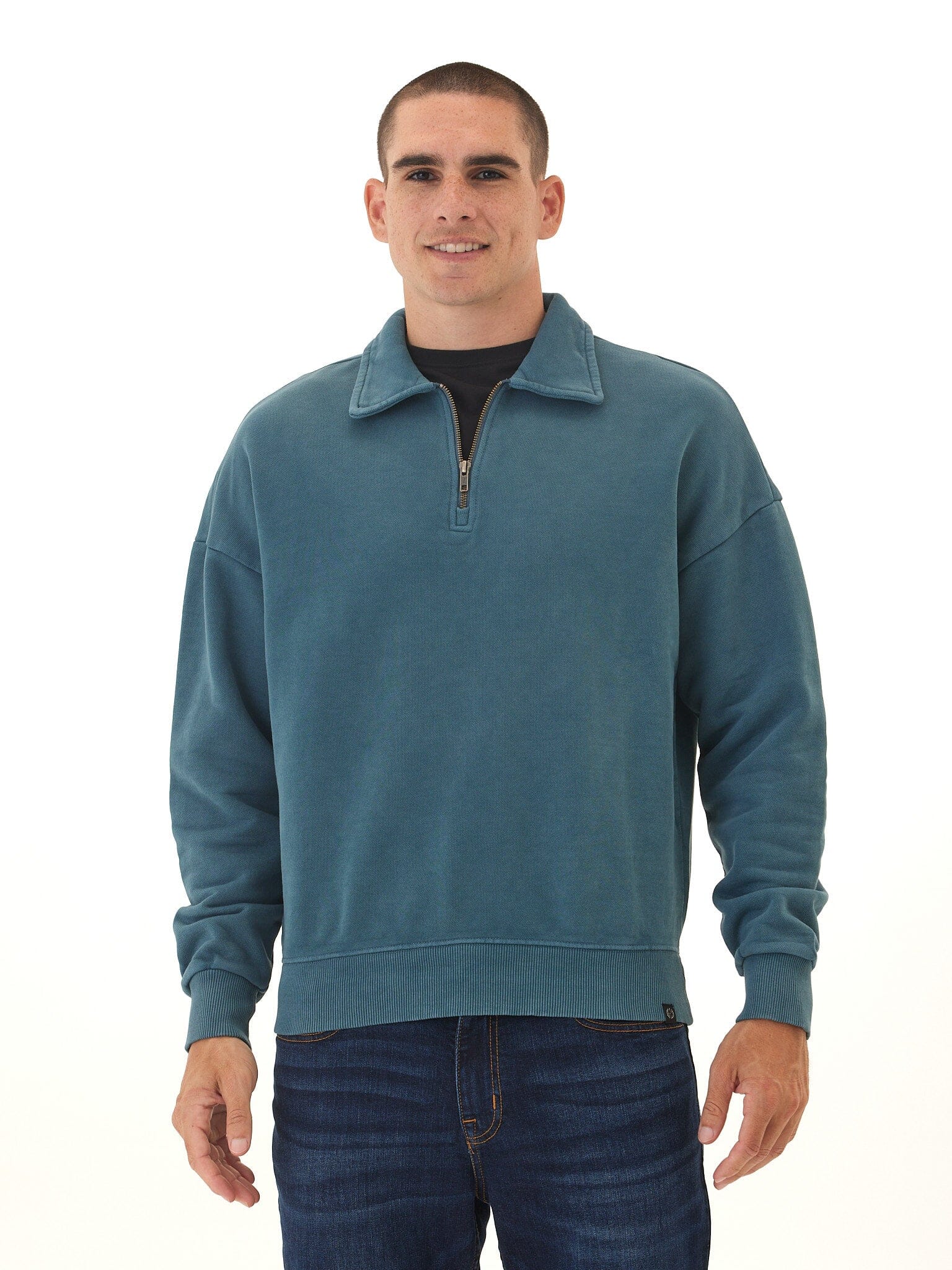 Men's Gabe mineral wash quarter zip pullover in teal heavy terry knit