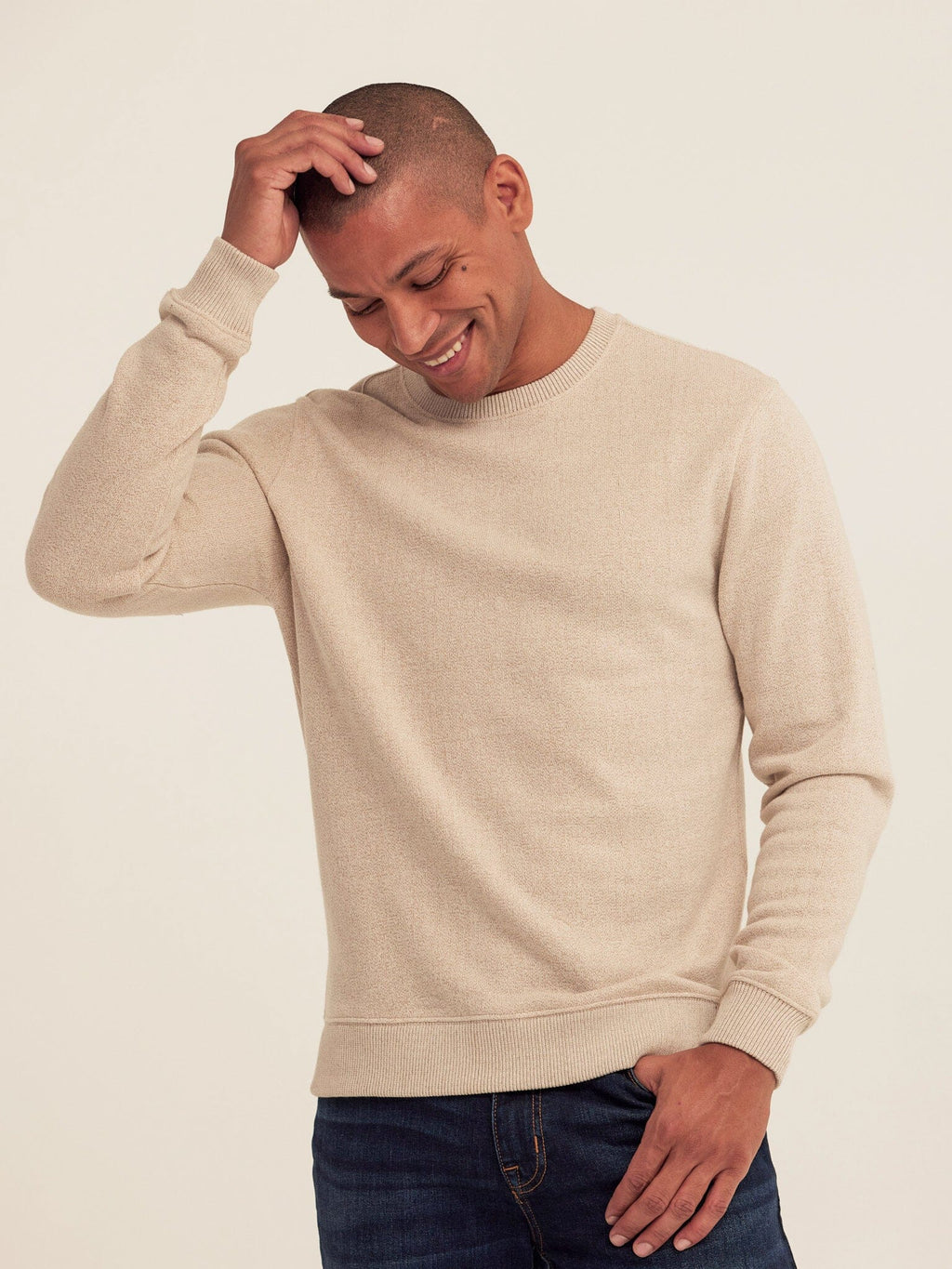 Men's Corey Eco Fleece Crew Sweatshirt in solid beige with ribbed cuffs and crew neckline