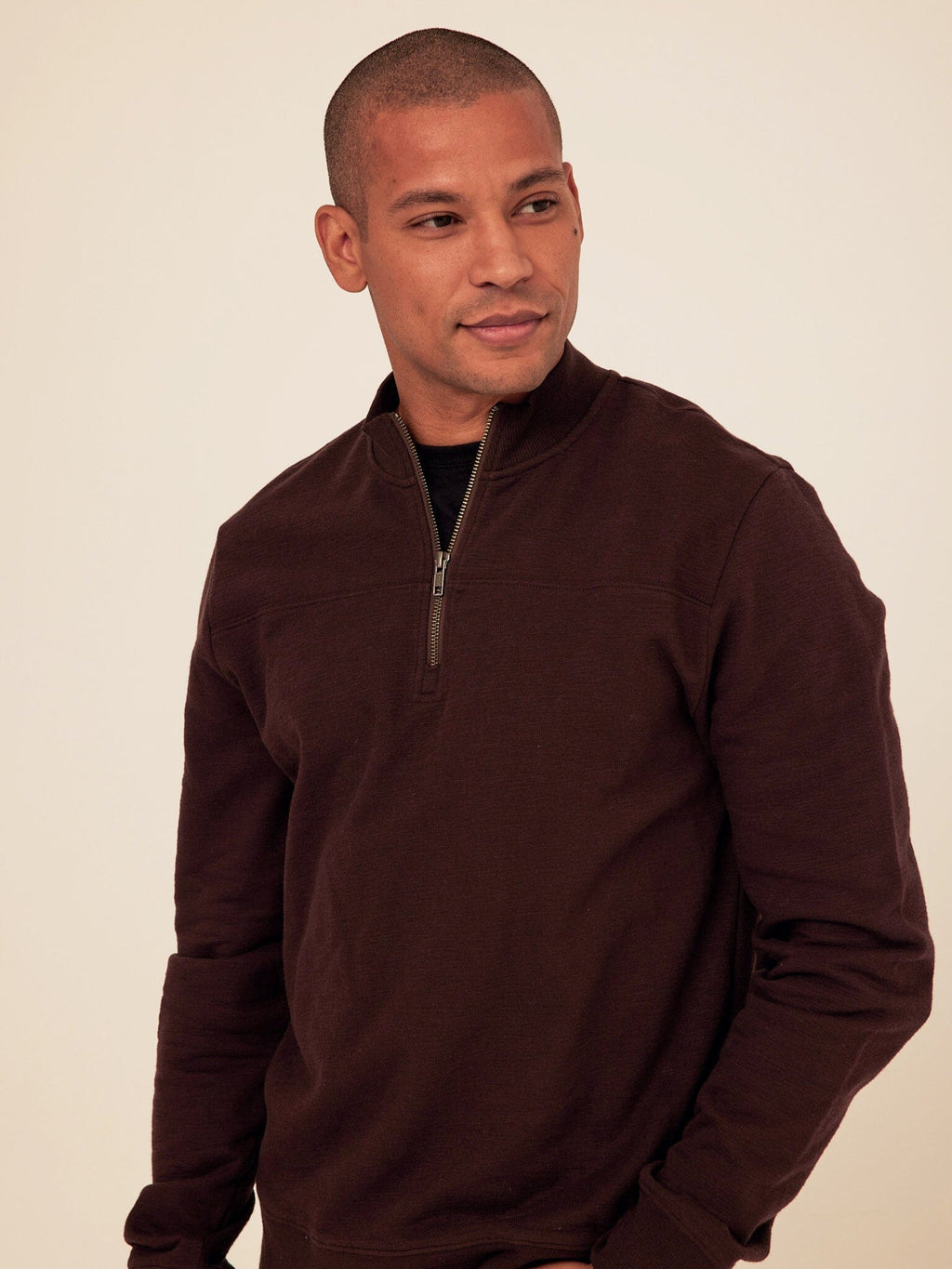 Christian Comfort Slub Terry Half Zip Pullover in Dark Brown