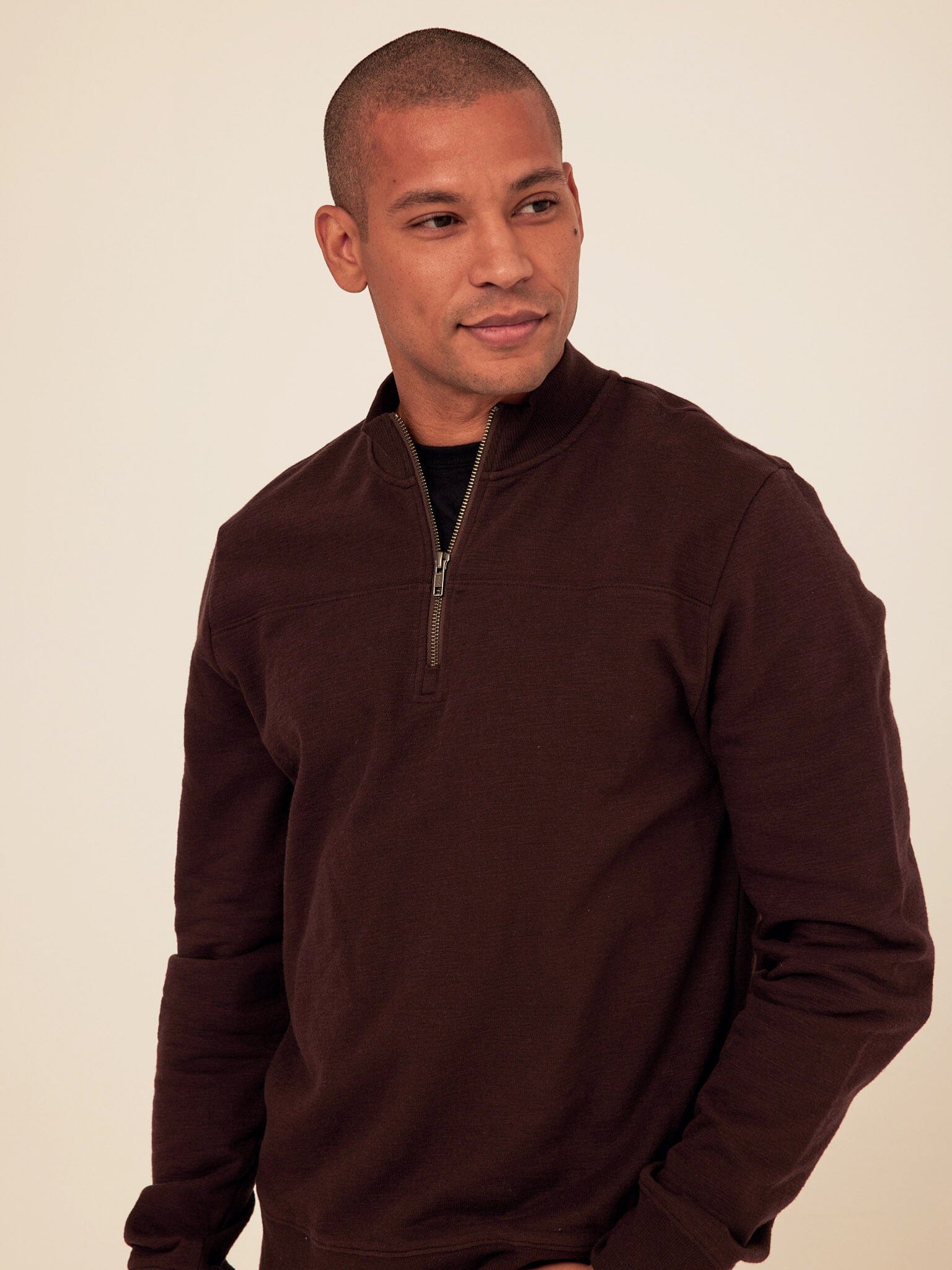 Christian Comfort Slub Terry Half Zip Pullover in Dark Brown