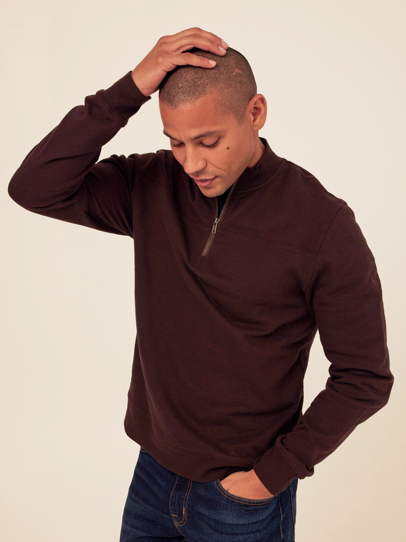 Christian Comfort Slub Terry Half Zip Pullover in Dark Brown