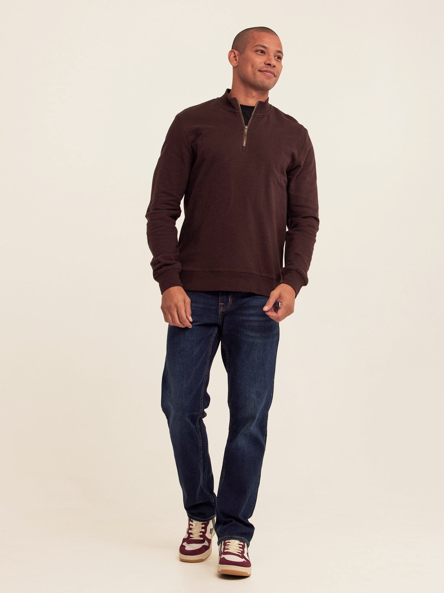 Christian Comfort Slub Terry Half Zip Pullover in Dark Brown