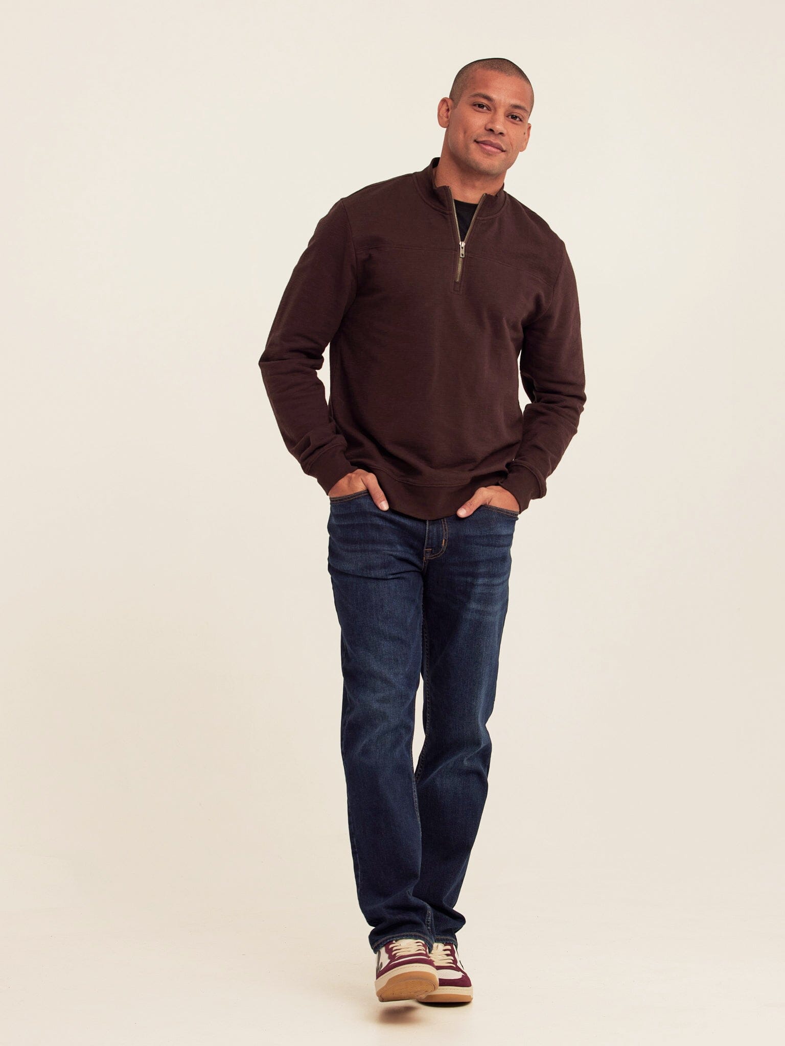 Christian Comfort Slub Terry Half Zip Pullover in Dark Brown