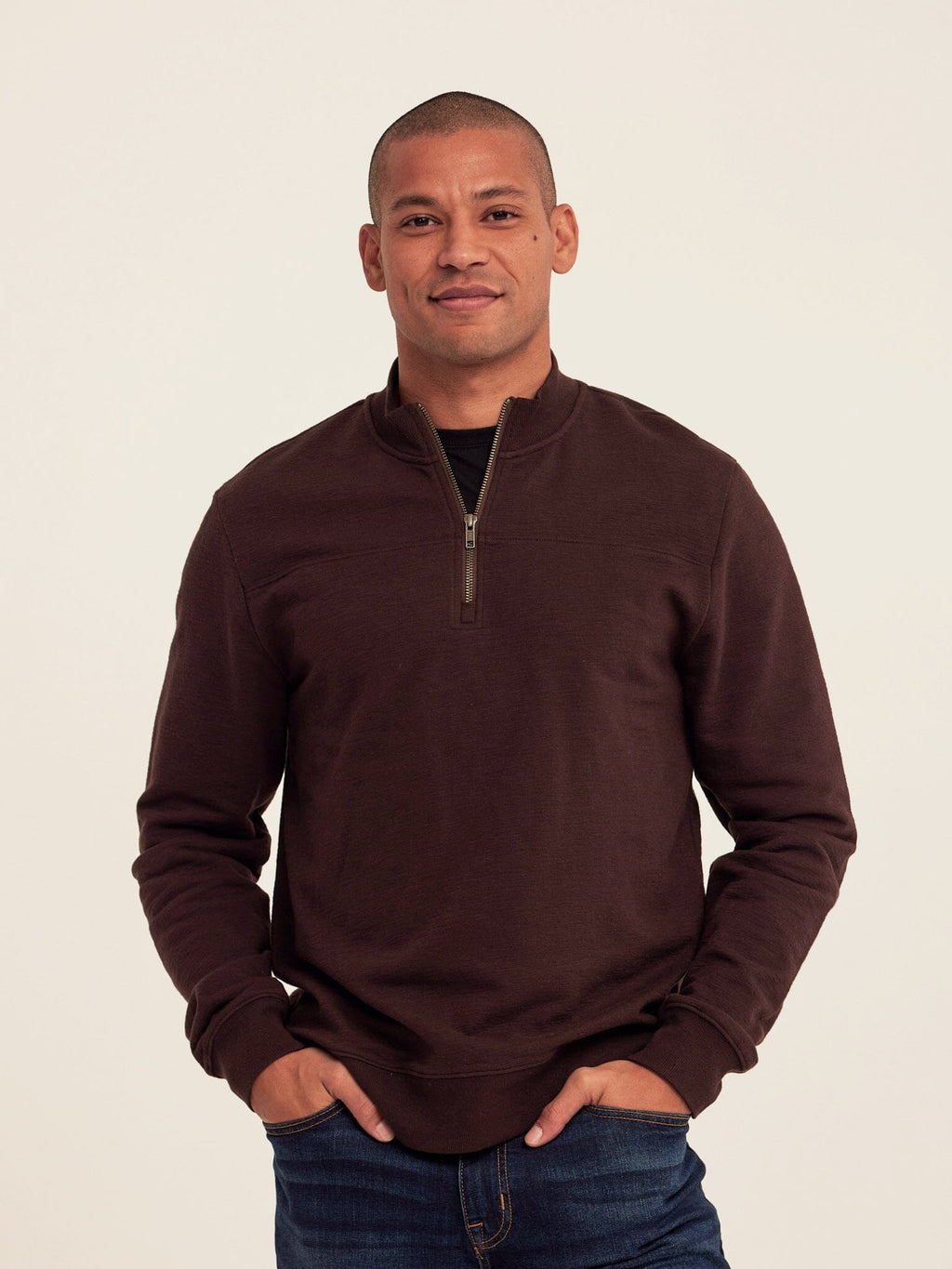 Christian Comfort Slub Terry Half Zip Pullover in Dark Brown