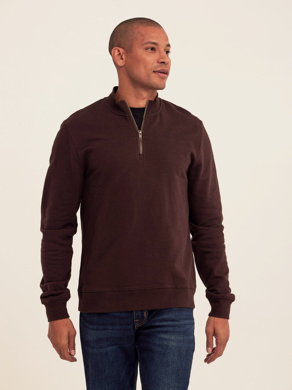 Christian Comfort Slub Terry Half Zip Pullover in Dark Brown