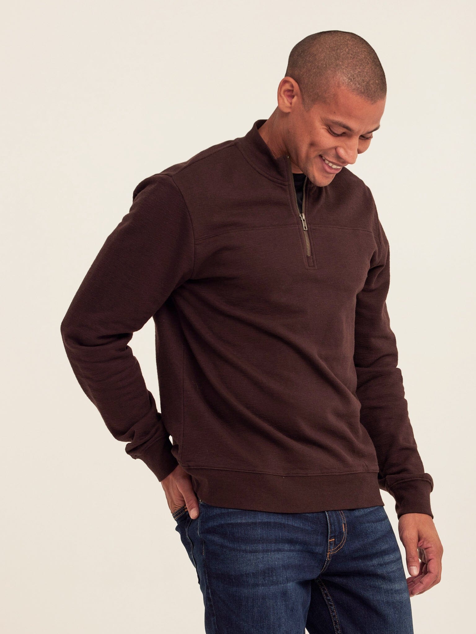 Christian Comfort Slub Terry Half Zip Pullover in Dark Brown