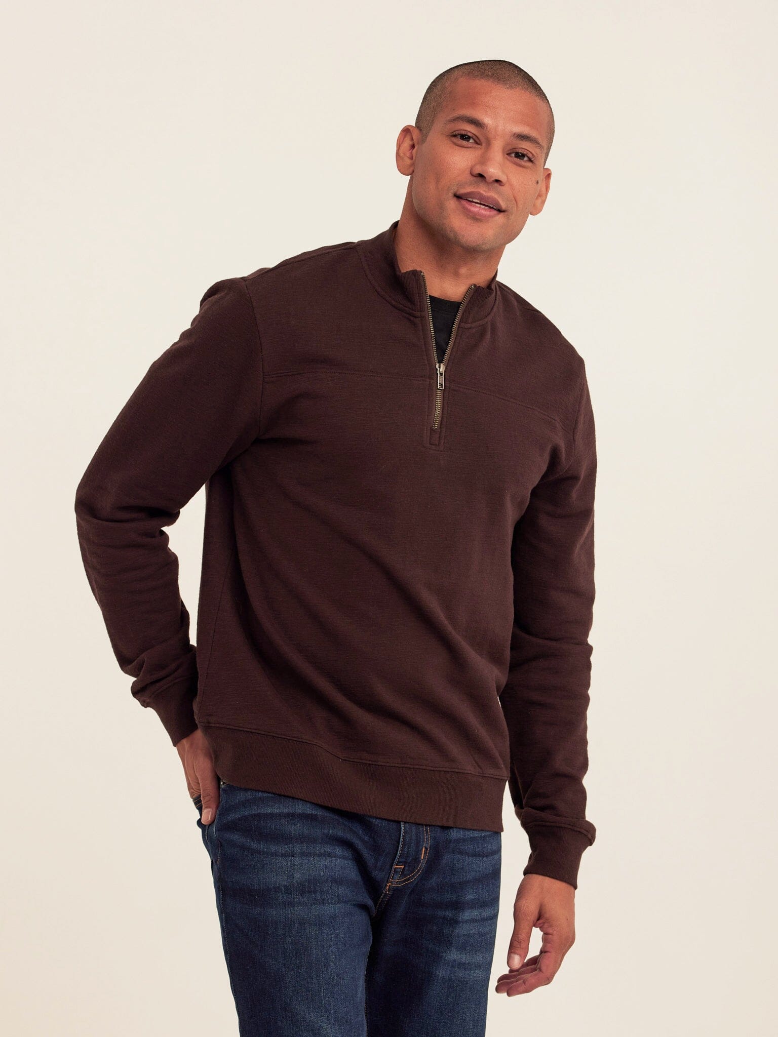 Christian Comfort Slub Terry Half Zip Pullover in Dark Brown
