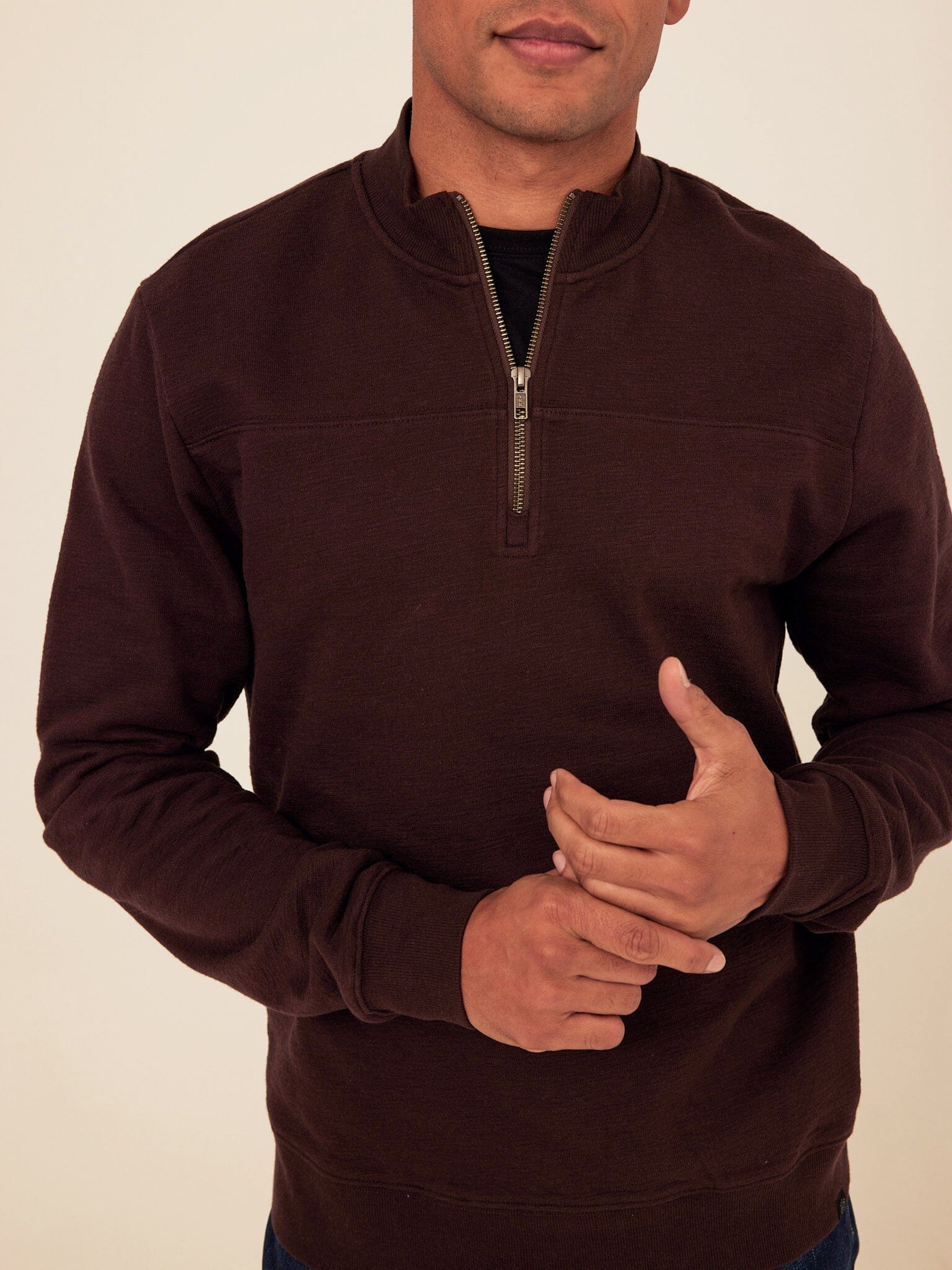 Christian Comfort Slub Terry Half Zip Pullover in Dark Brown