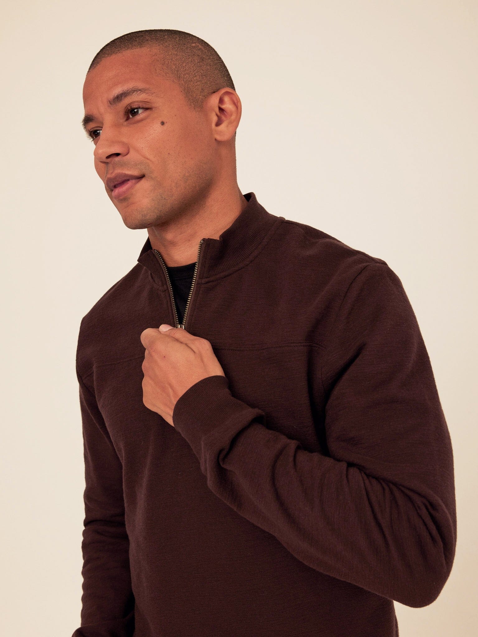 Christian Comfort Slub Terry Half Zip Pullover in Dark Brown