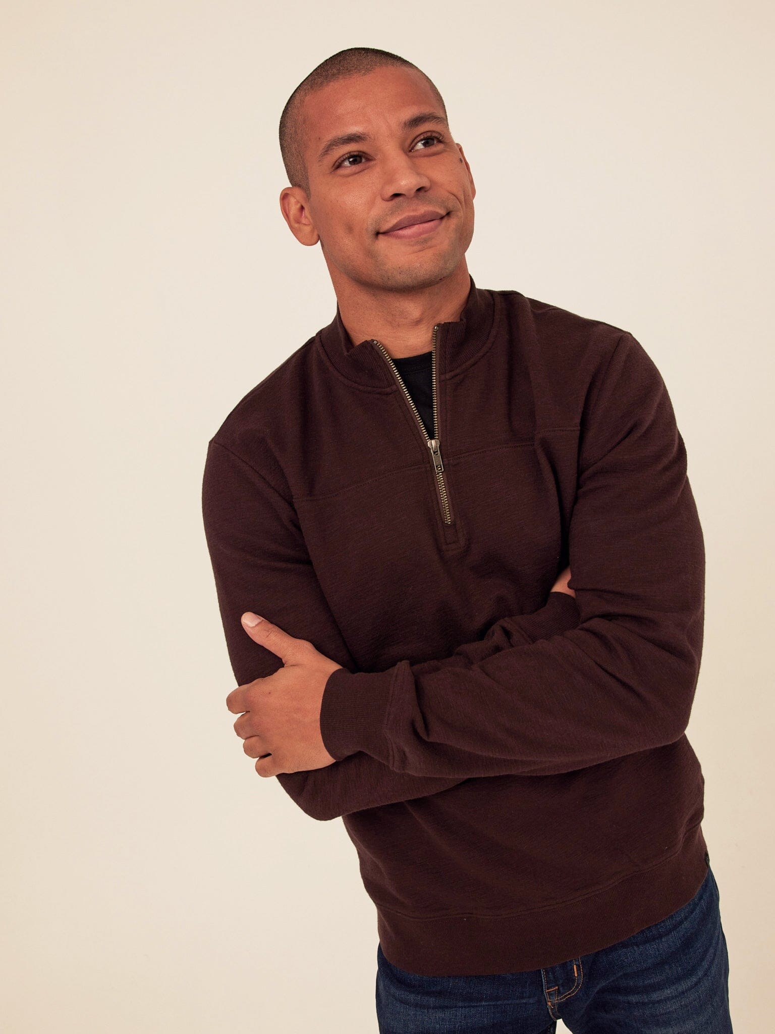 Christian Comfort Slub Terry Half Zip Pullover in Dark Brown